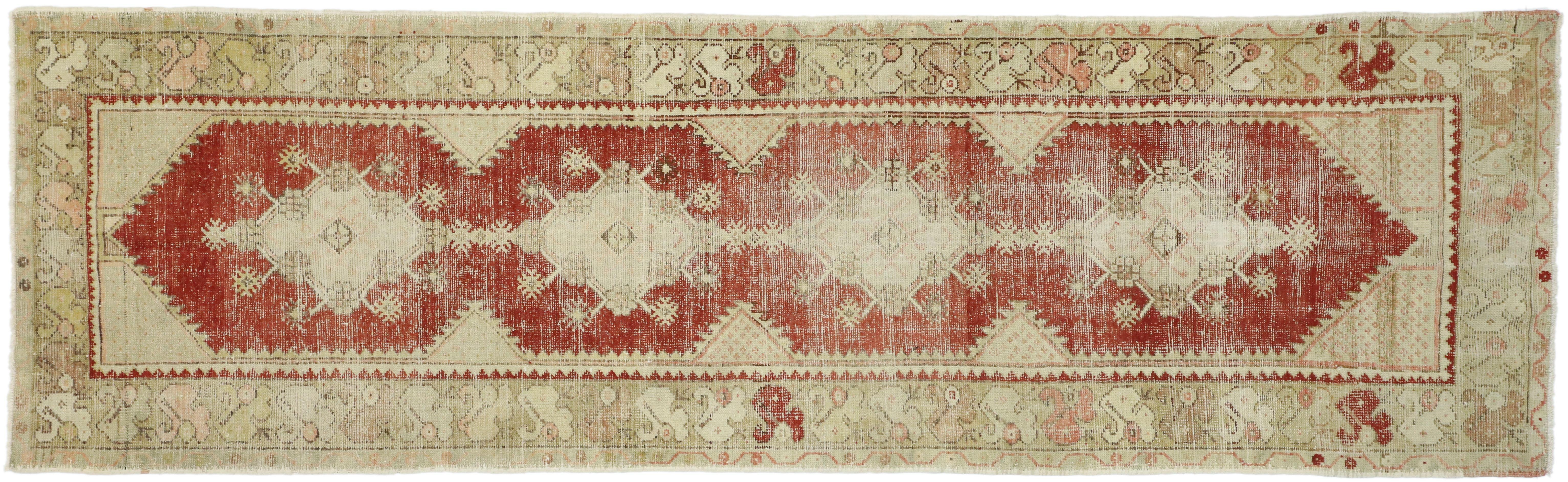 Distressed Vintage Turkish Oushak Runner with Rustic Neoclassical Style For Sale 3