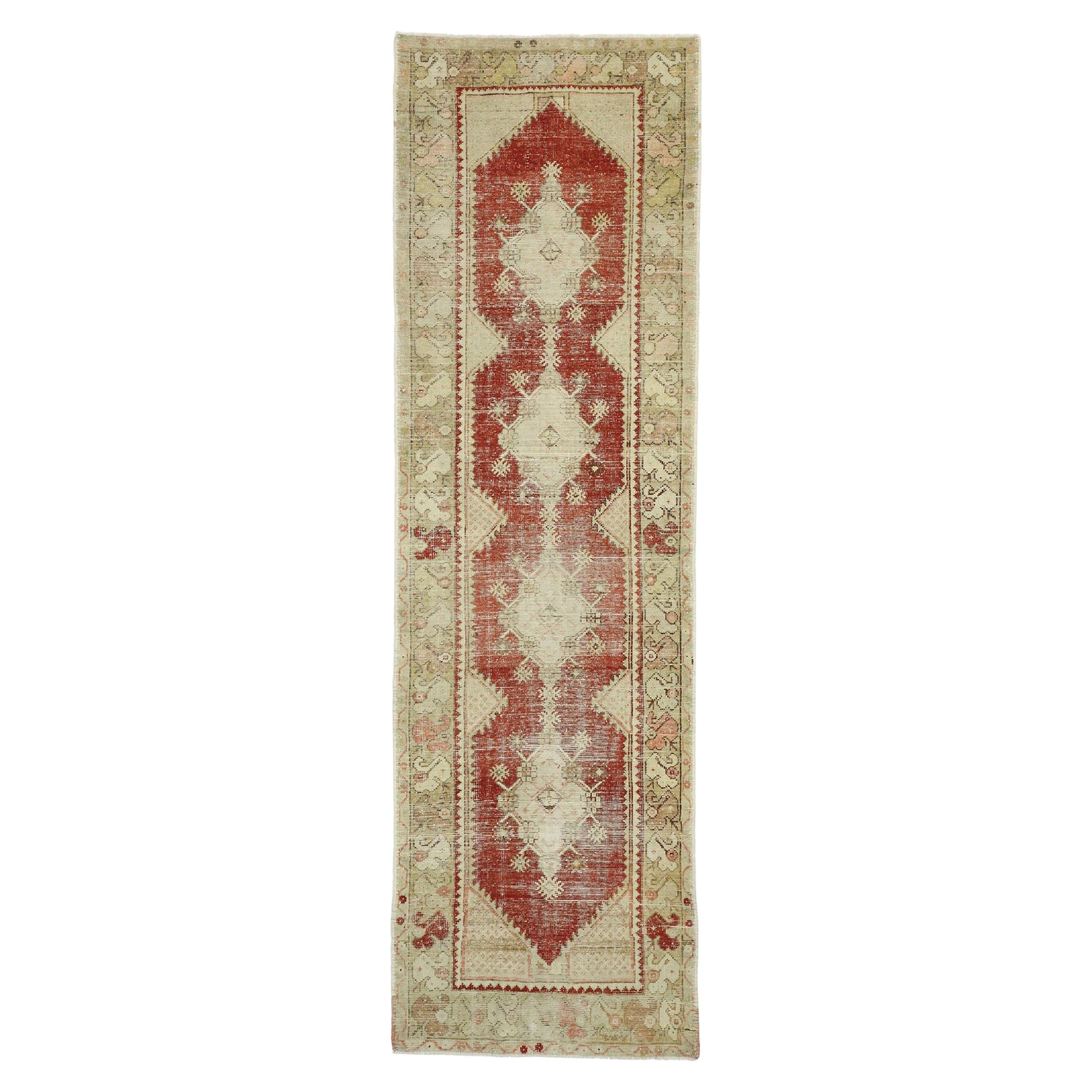 Distressed Vintage Turkish Oushak Runner with Rustic Neoclassical Style For Sale