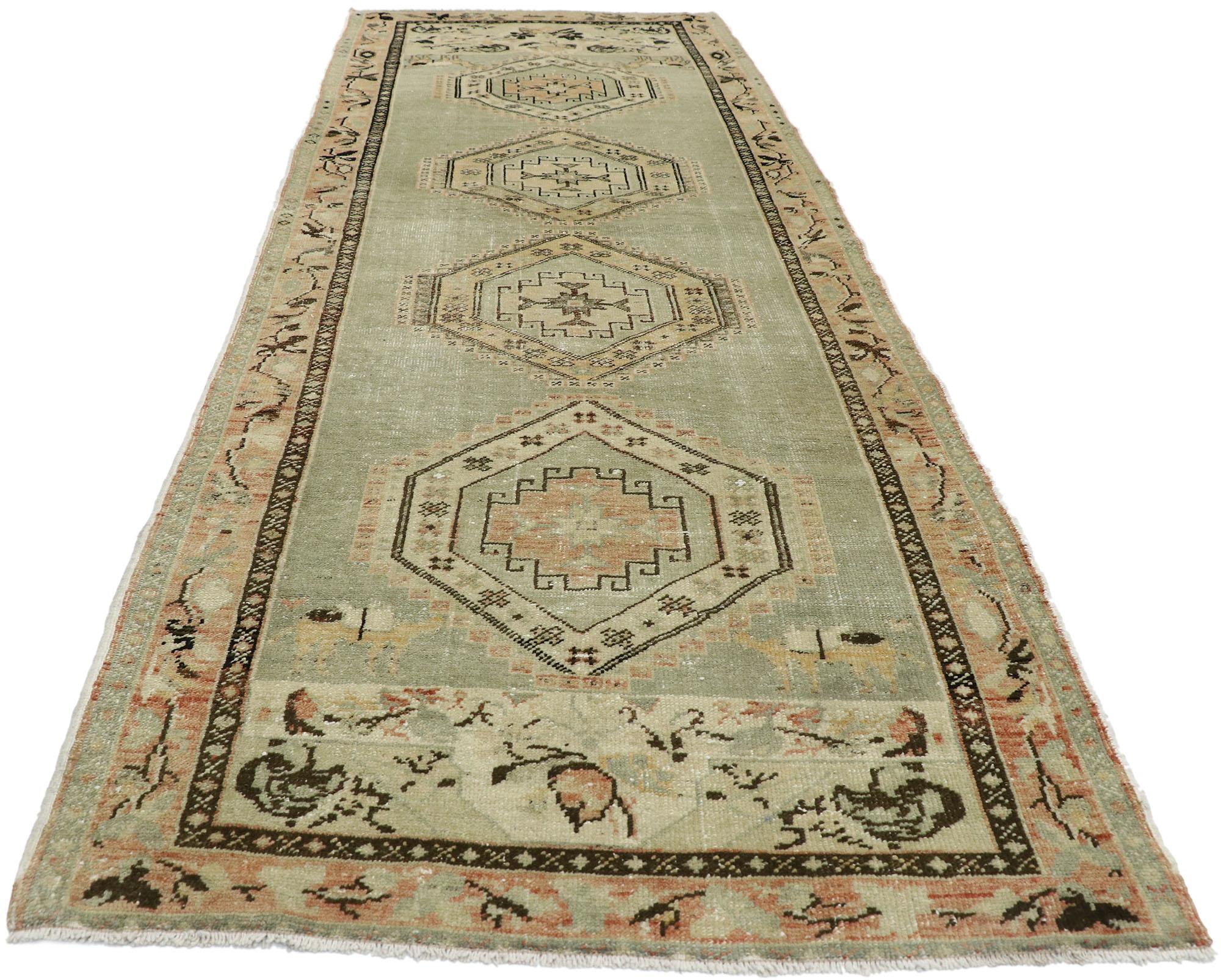 Hand-Knotted Distressed Vintage Turkish Oushak Runner with Rustic Prairie Style For Sale