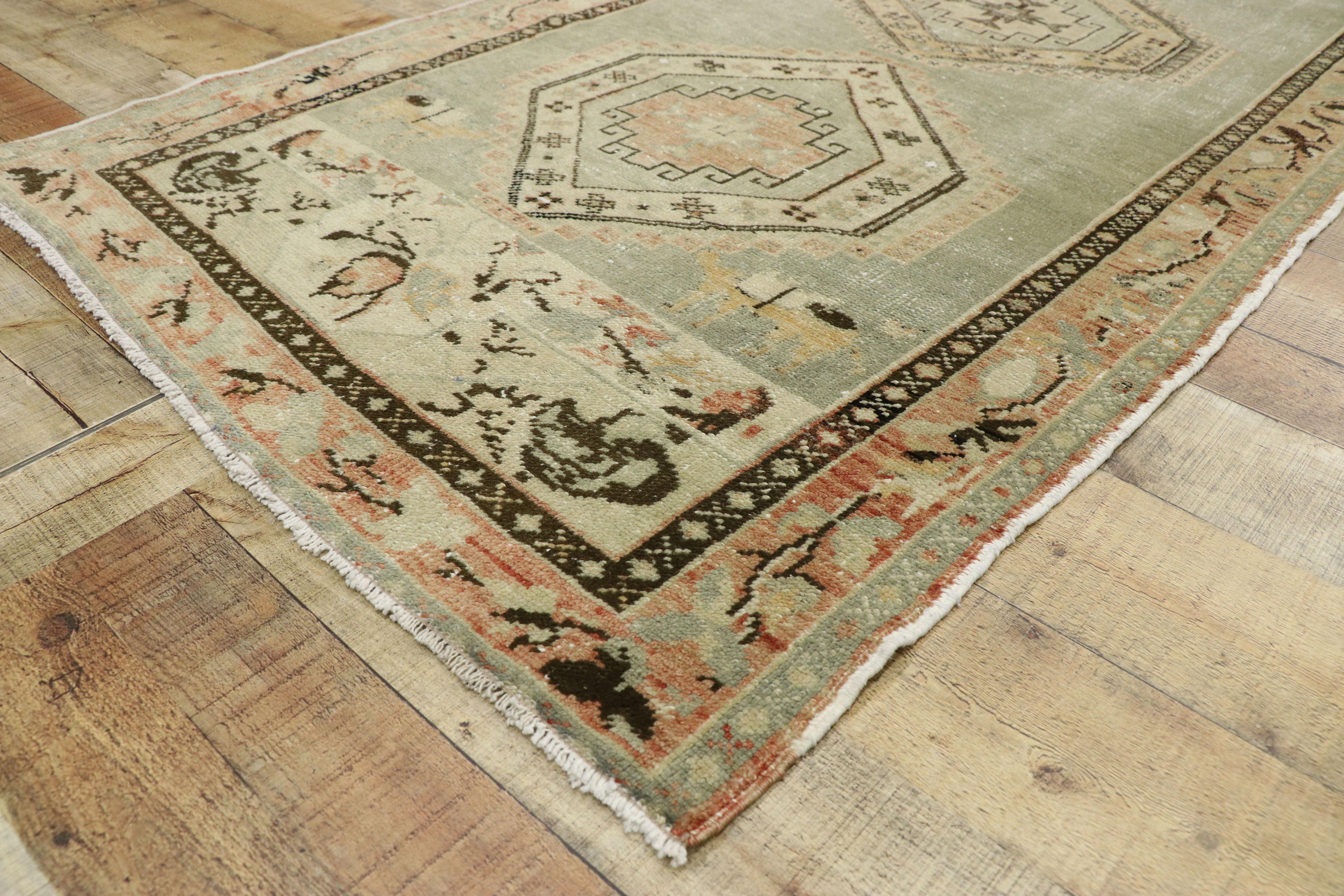 Wool Distressed Vintage Turkish Oushak Runner with Rustic Prairie Style For Sale