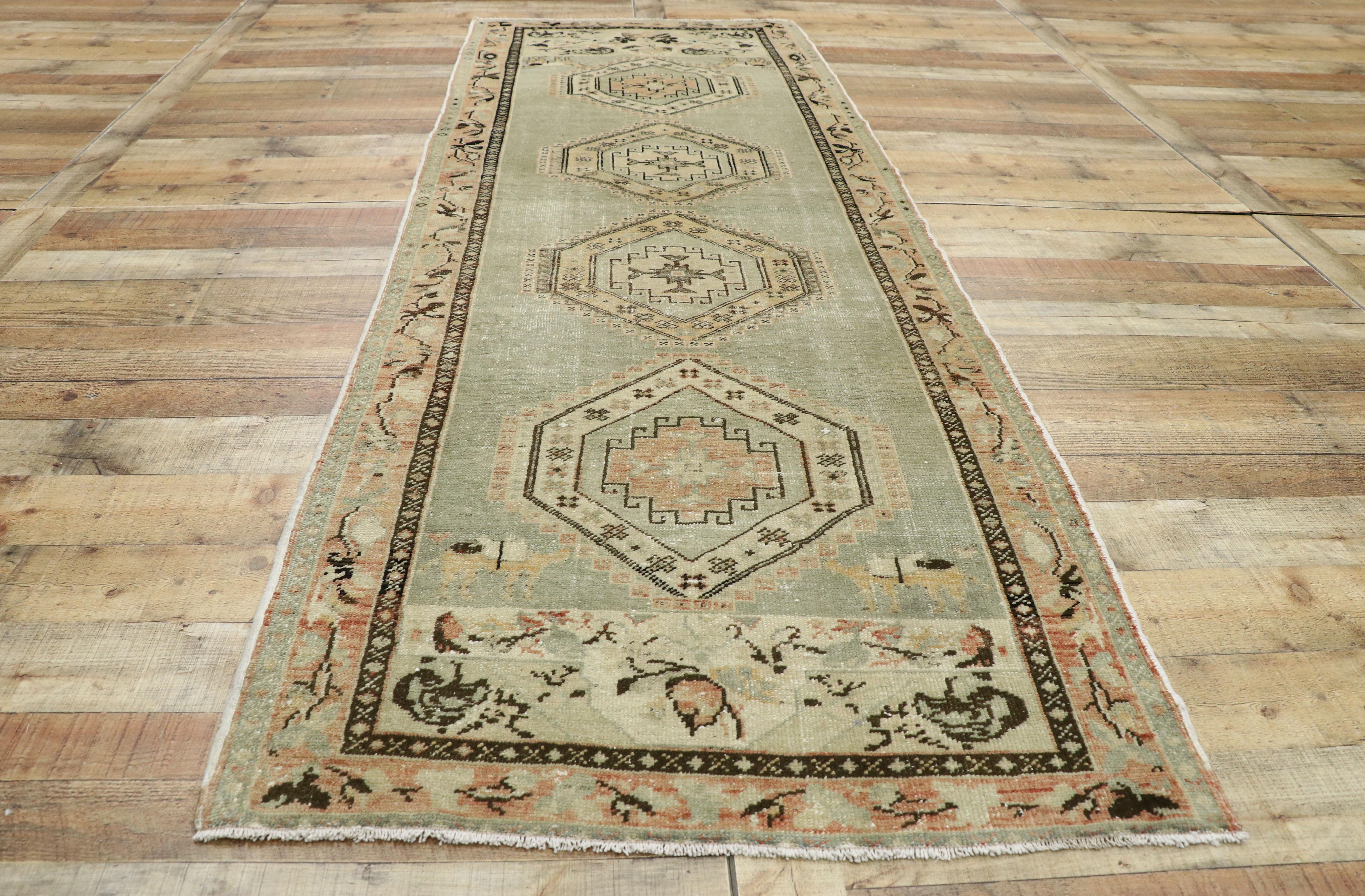 Distressed Vintage Turkish Oushak Runner with Rustic Prairie Style For Sale 1