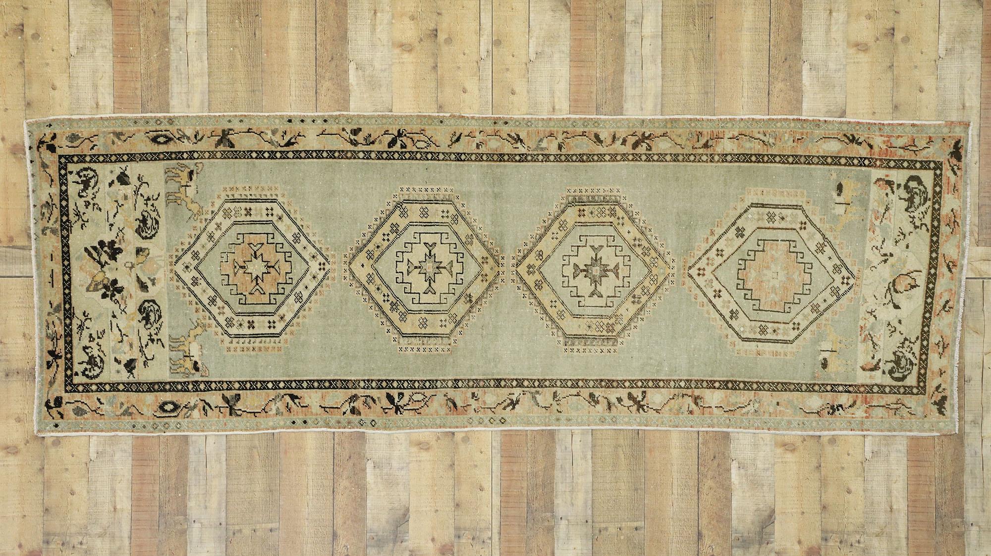 Distressed Vintage Turkish Oushak Runner with Rustic Prairie Style For Sale 2