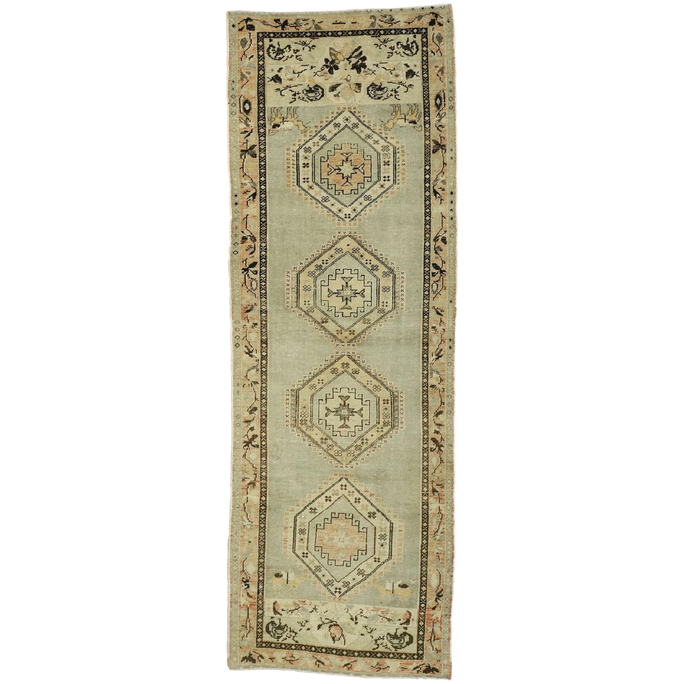 Distressed Vintage Turkish Oushak Runner with Rustic Prairie Style