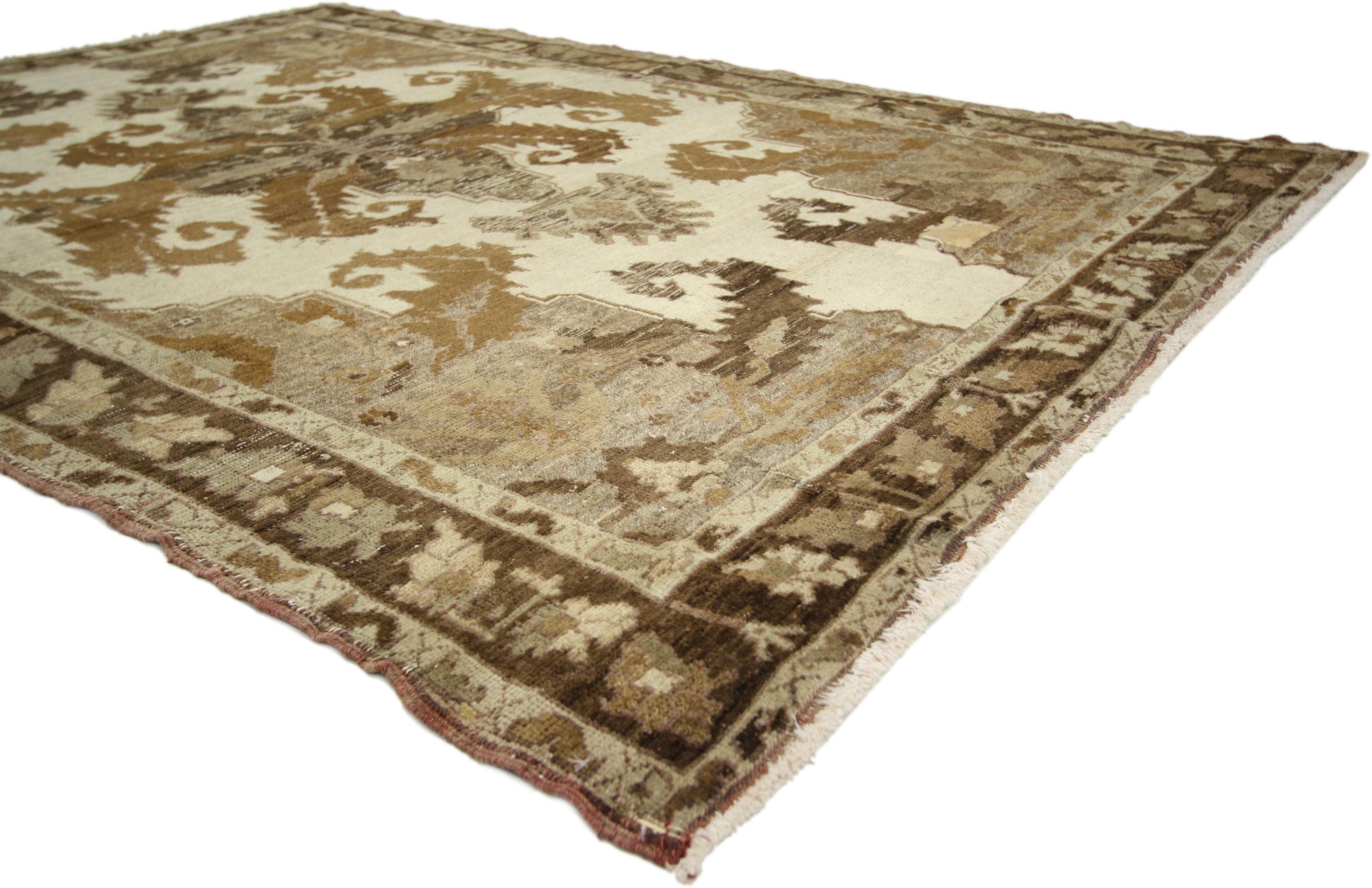 Distressed Vintage Turkish Oushak with Black Forest Style, Warm Earth Tones In Distressed Condition For Sale In Dallas, TX