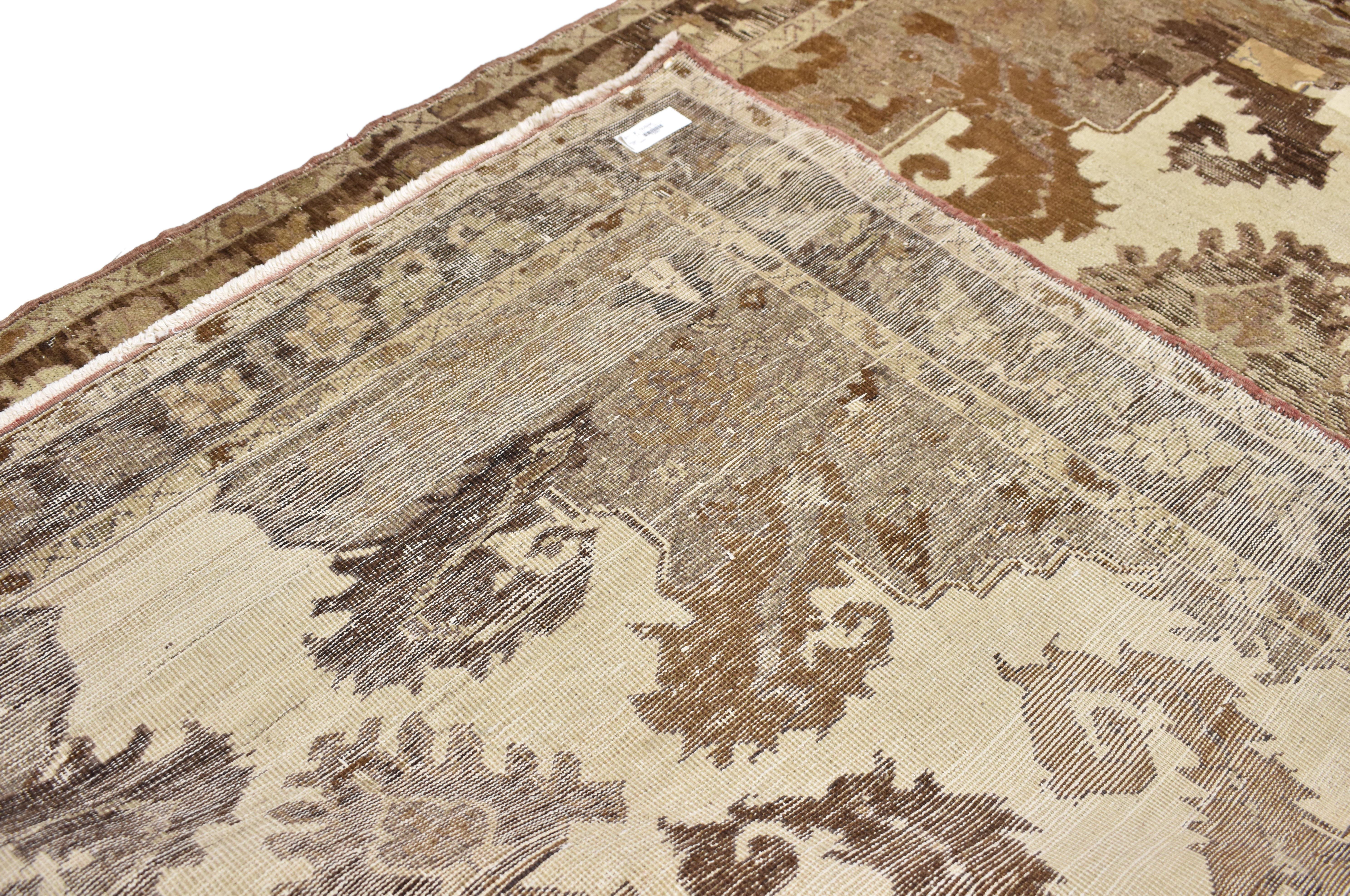 20th Century Distressed Vintage Turkish Oushak with Black Forest Style, Warm Earth Tones For Sale