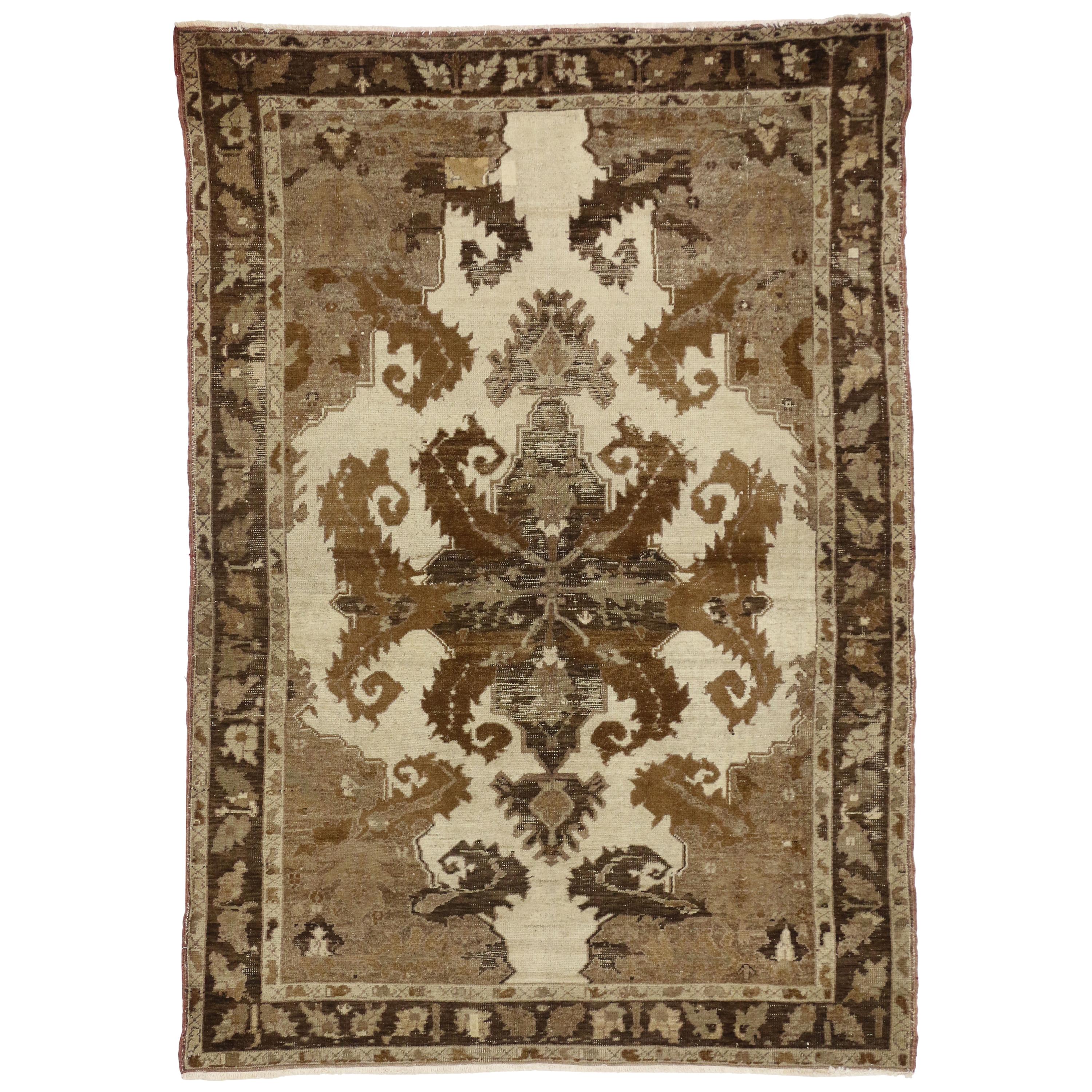 Distressed Vintage Turkish Oushak with Black Forest Style, Warm Earth Tones For Sale