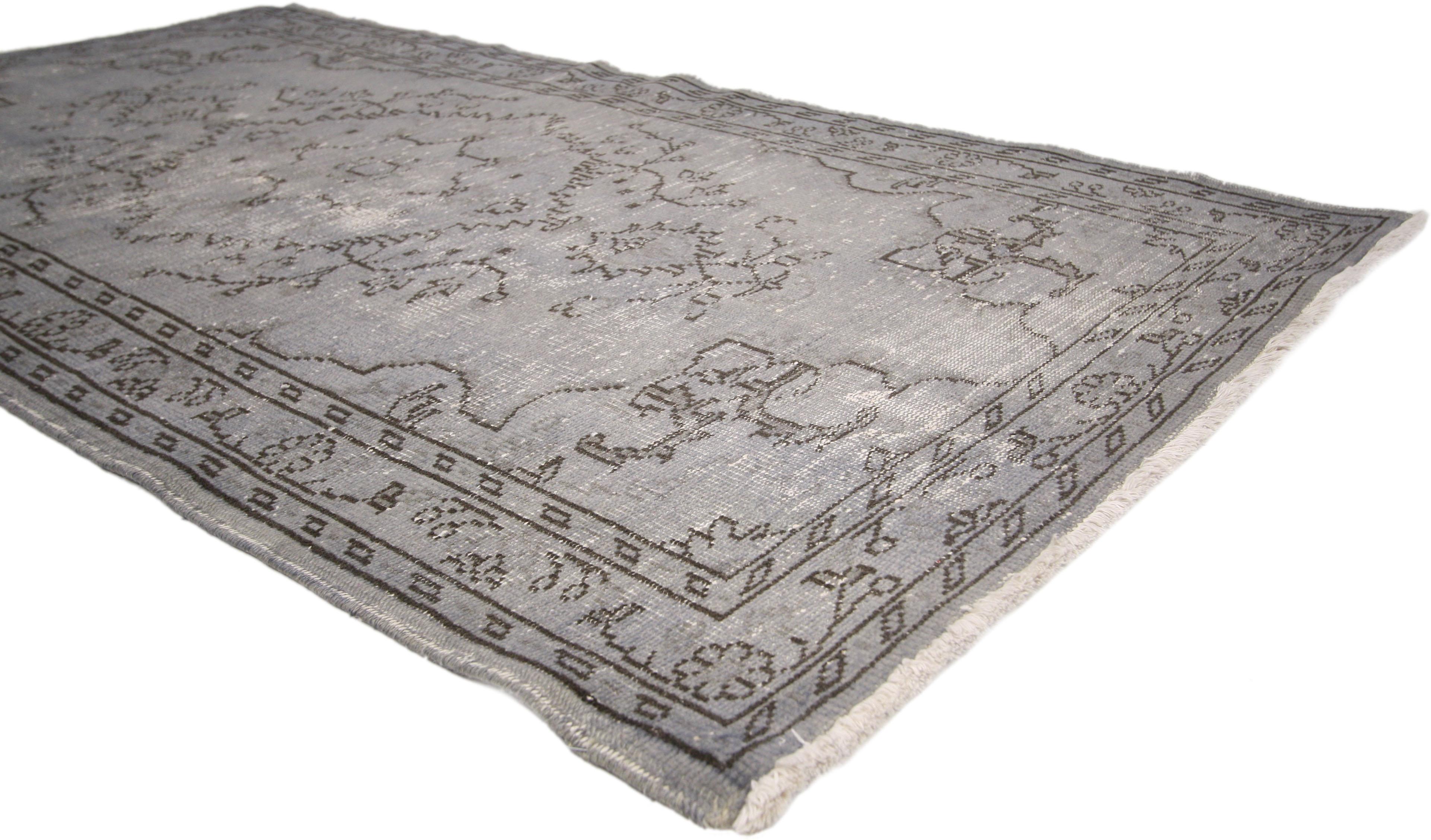 Hand-Knotted Distressed Vintage Turkish Overdyed Gray Rug with Feminine Industrial Style For Sale
