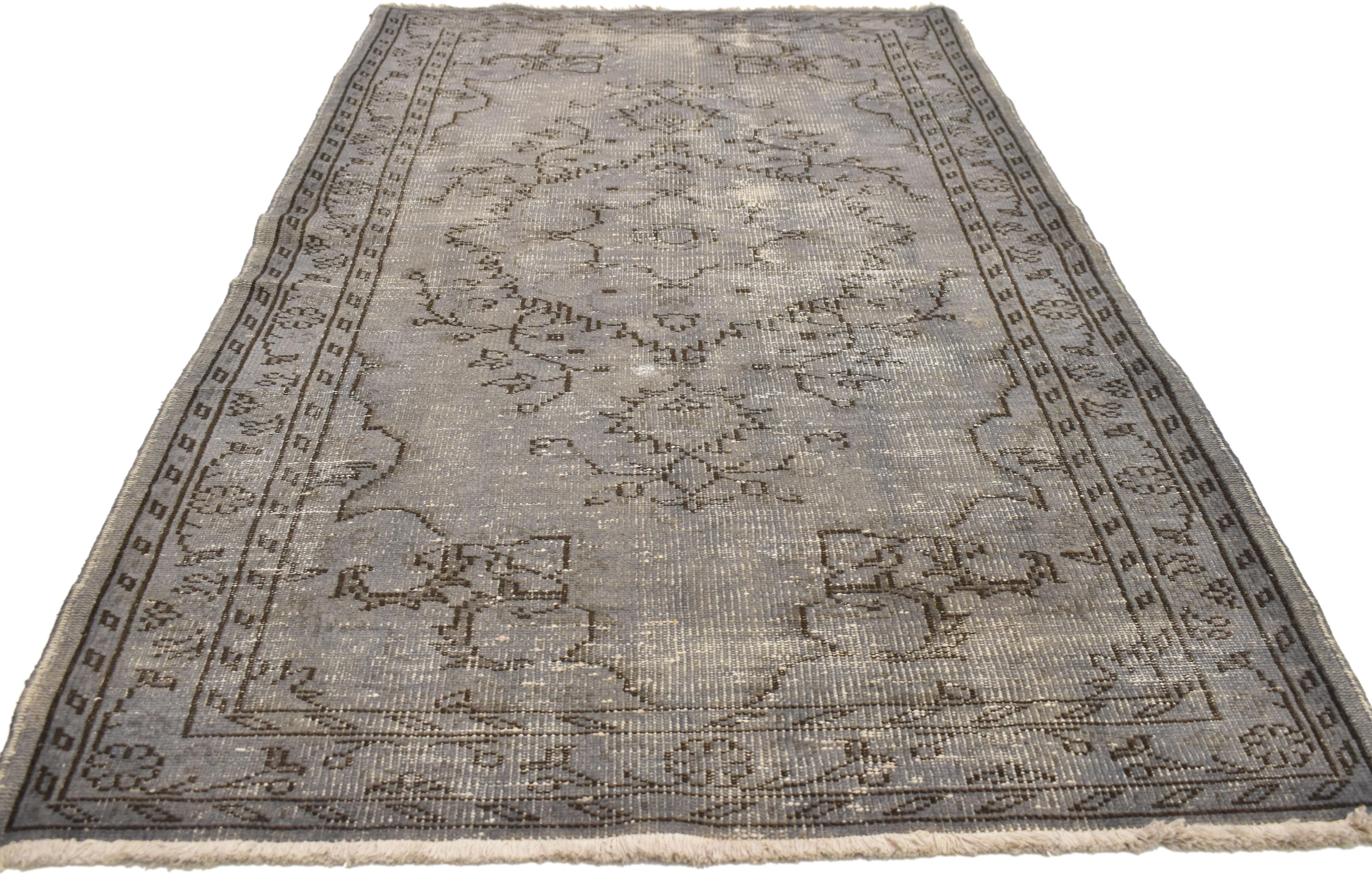 Distressed Vintage Turkish Overdyed Gray Rug with Feminine Industrial Style In Distressed Condition For Sale In Dallas, TX