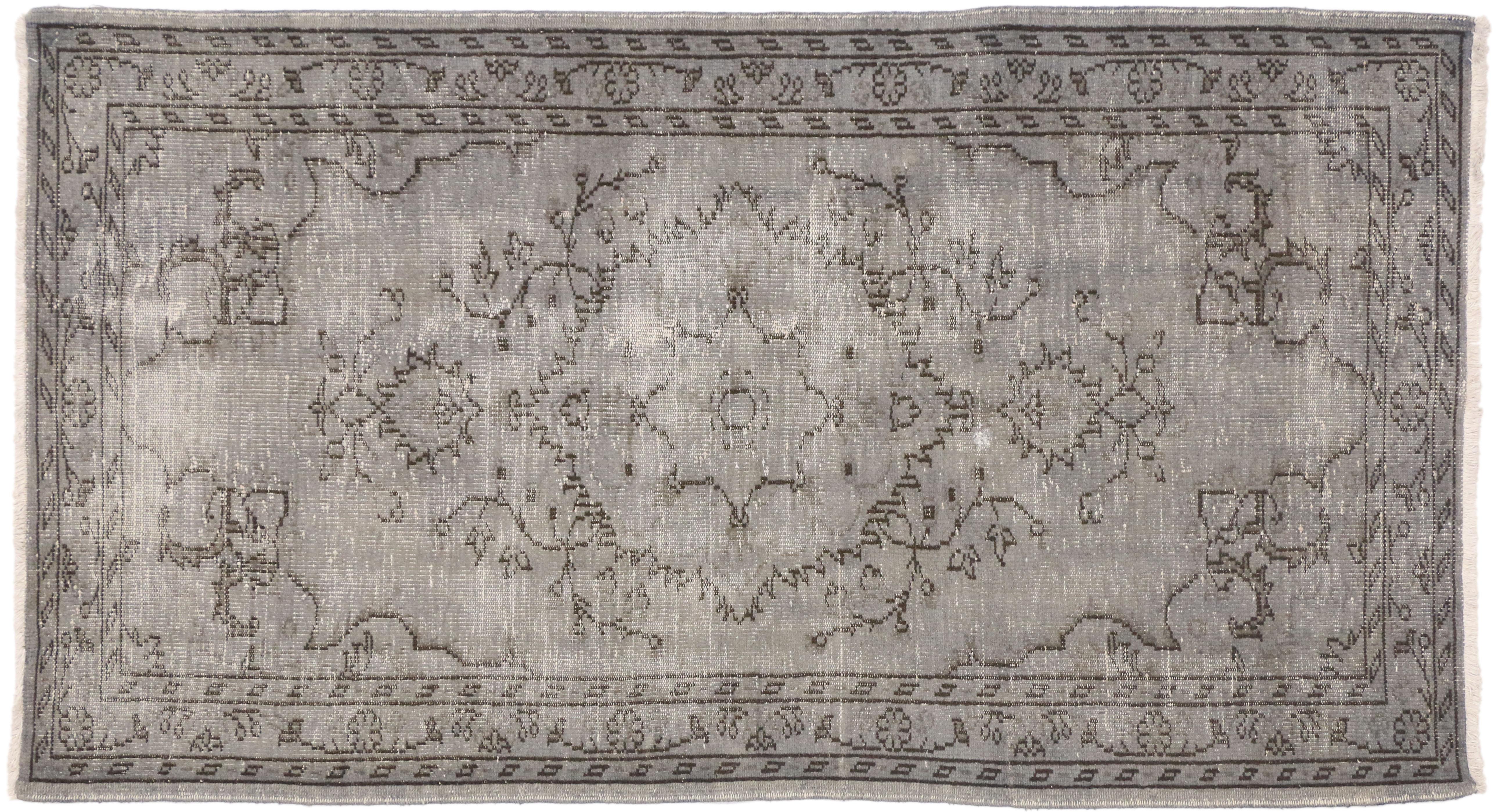Distressed Vintage Turkish Overdyed Gray Rug with Feminine Industrial Style For Sale 1