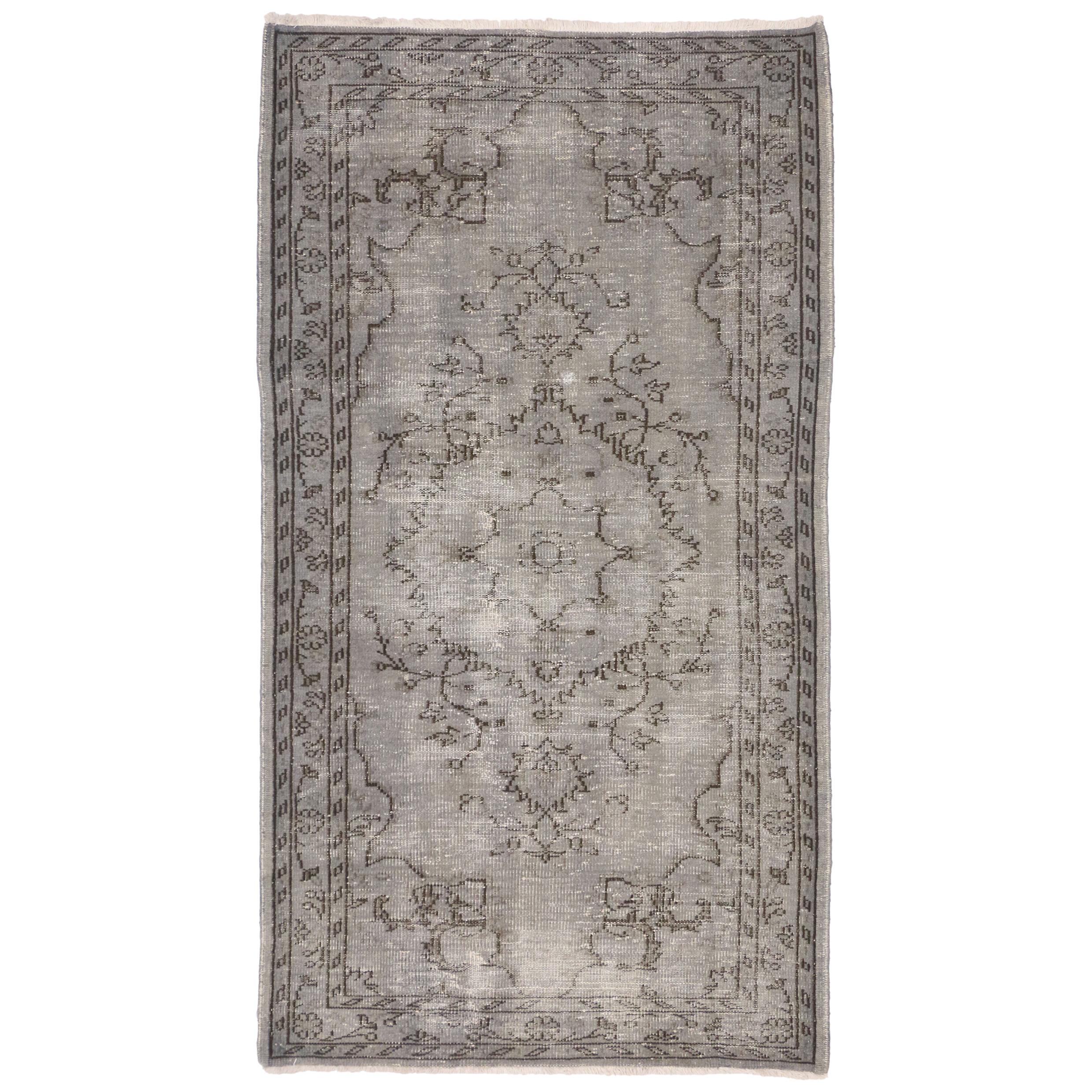 Distressed Vintage Turkish Overdyed Gray Rug with Feminine Industrial Style