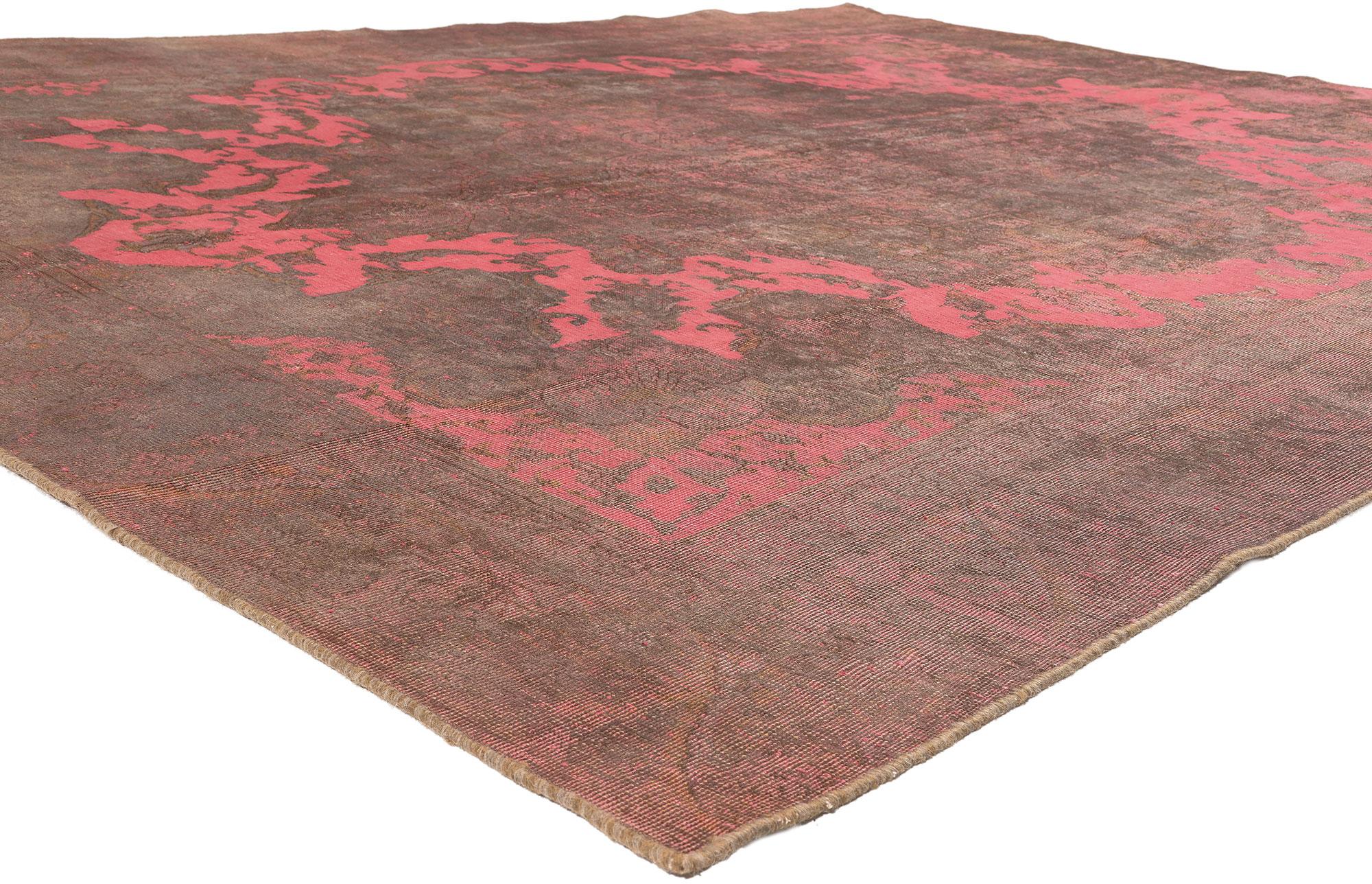 60767 Vintage Turkish Overdyed Rug, 09’02 x 12’03. 
​Get ready to embark on a design adventure where Modern Industrial locks horns with Maximalist Bohemian in this hand-knotted wool vintage Turkish overdyed rug. It's like a design manifesto with a