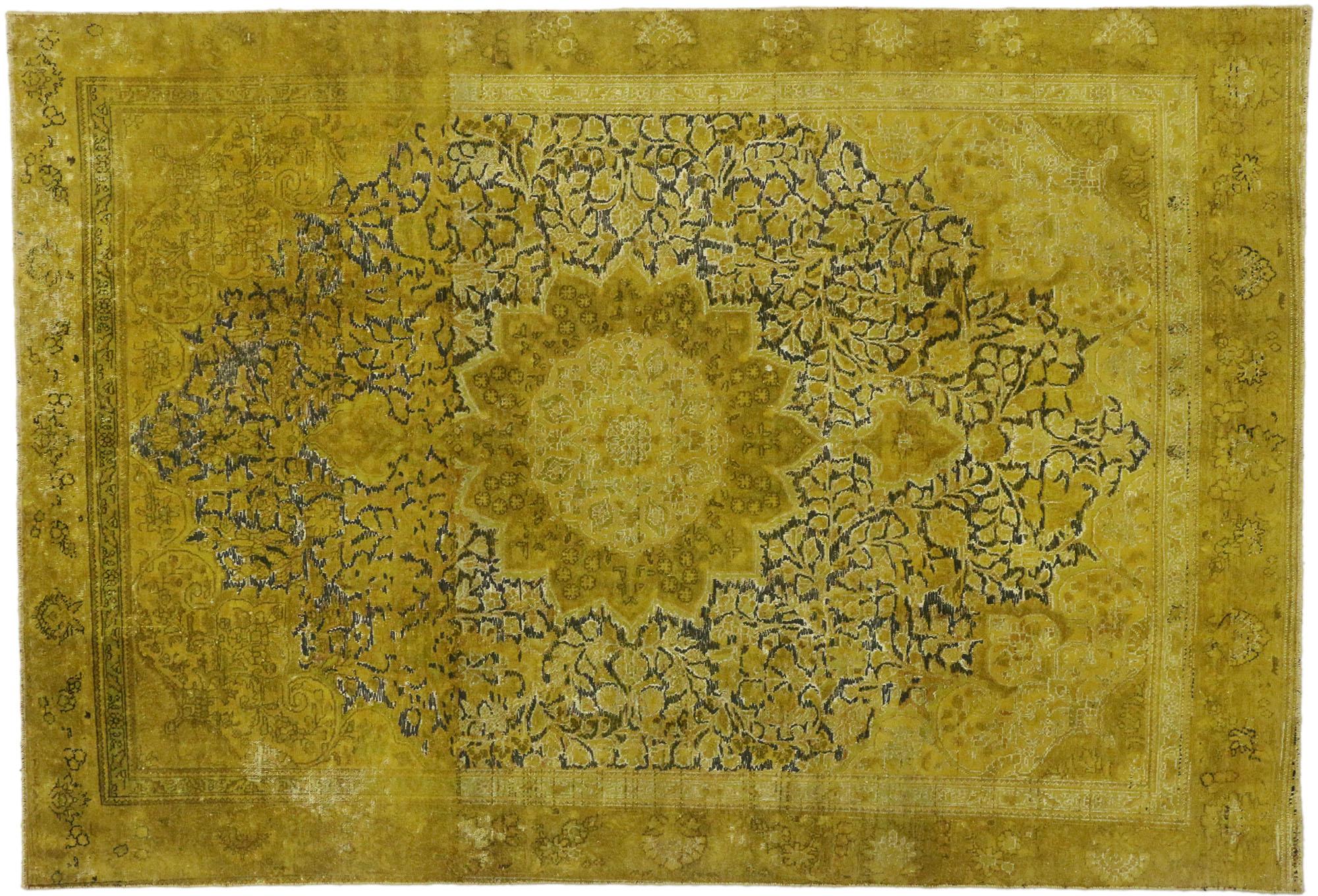 Distressed Vintage Turkish Overdyed Rug with Modern Hollywood Regency Style 1