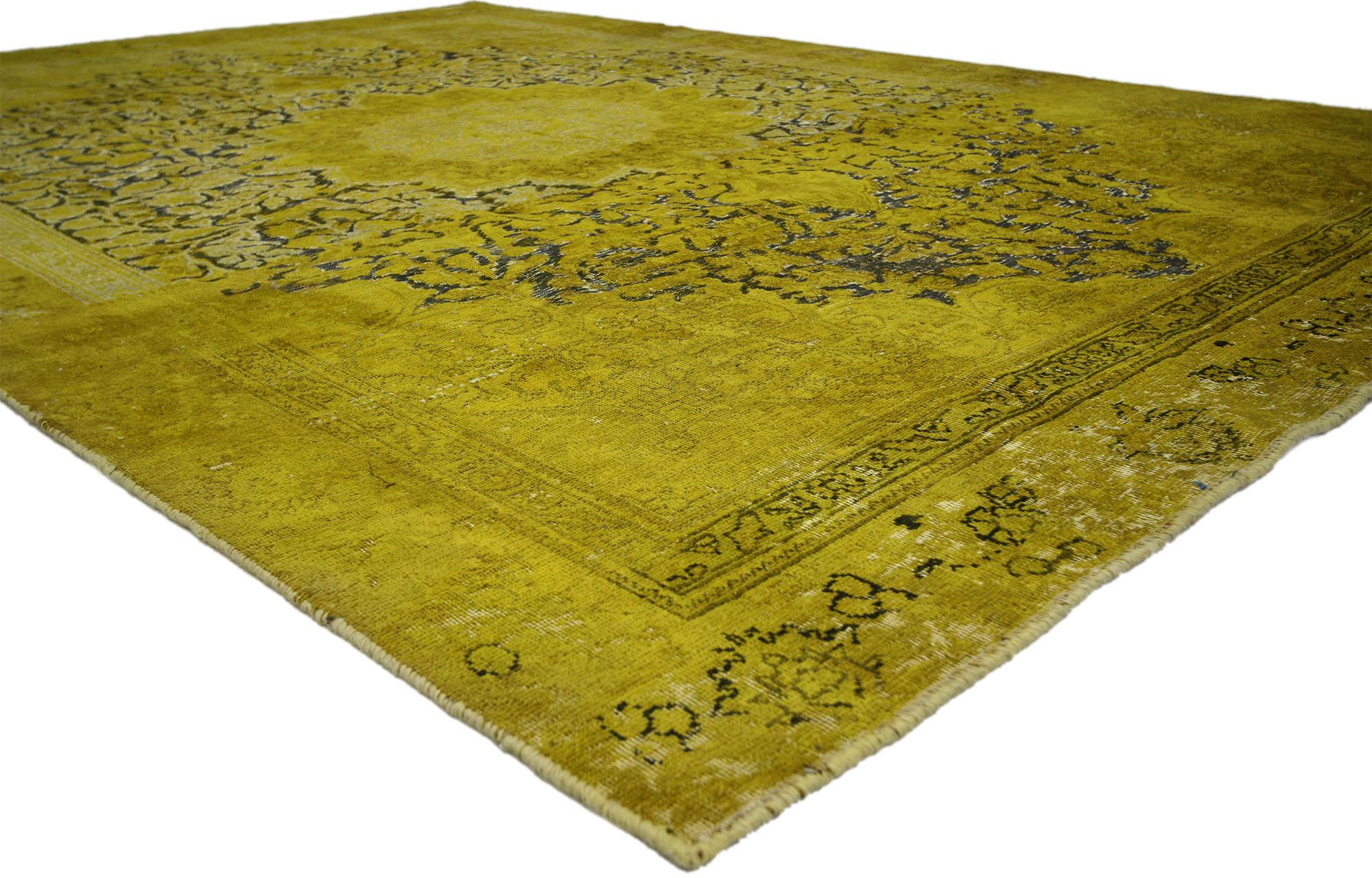 Distressed Vintage Turkish Overdyed Rug with Modern Hollywood Regency Style 2