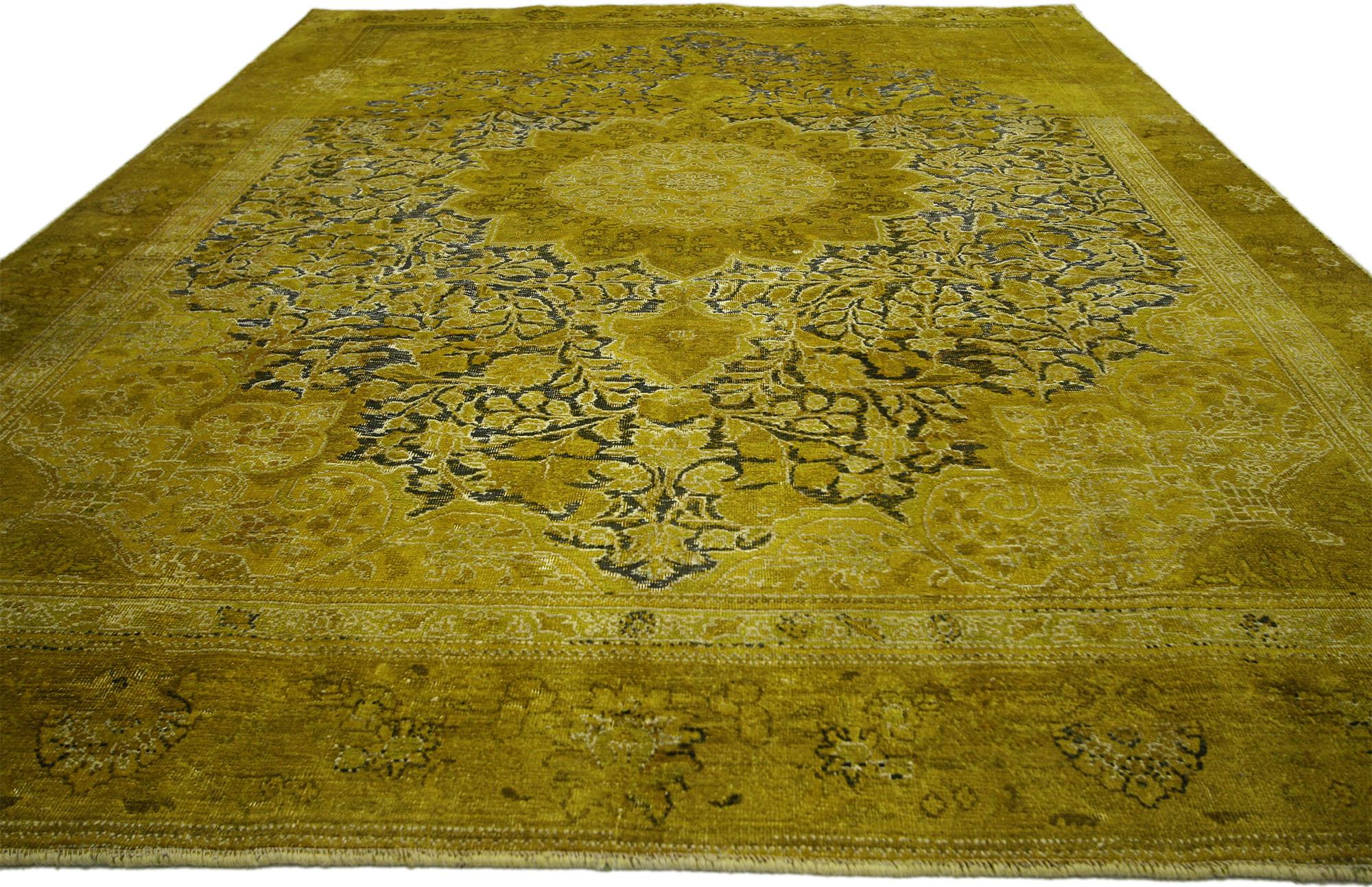 Distressed Vintage Turkish Overdyed Rug with Modern Hollywood Regency Style 3