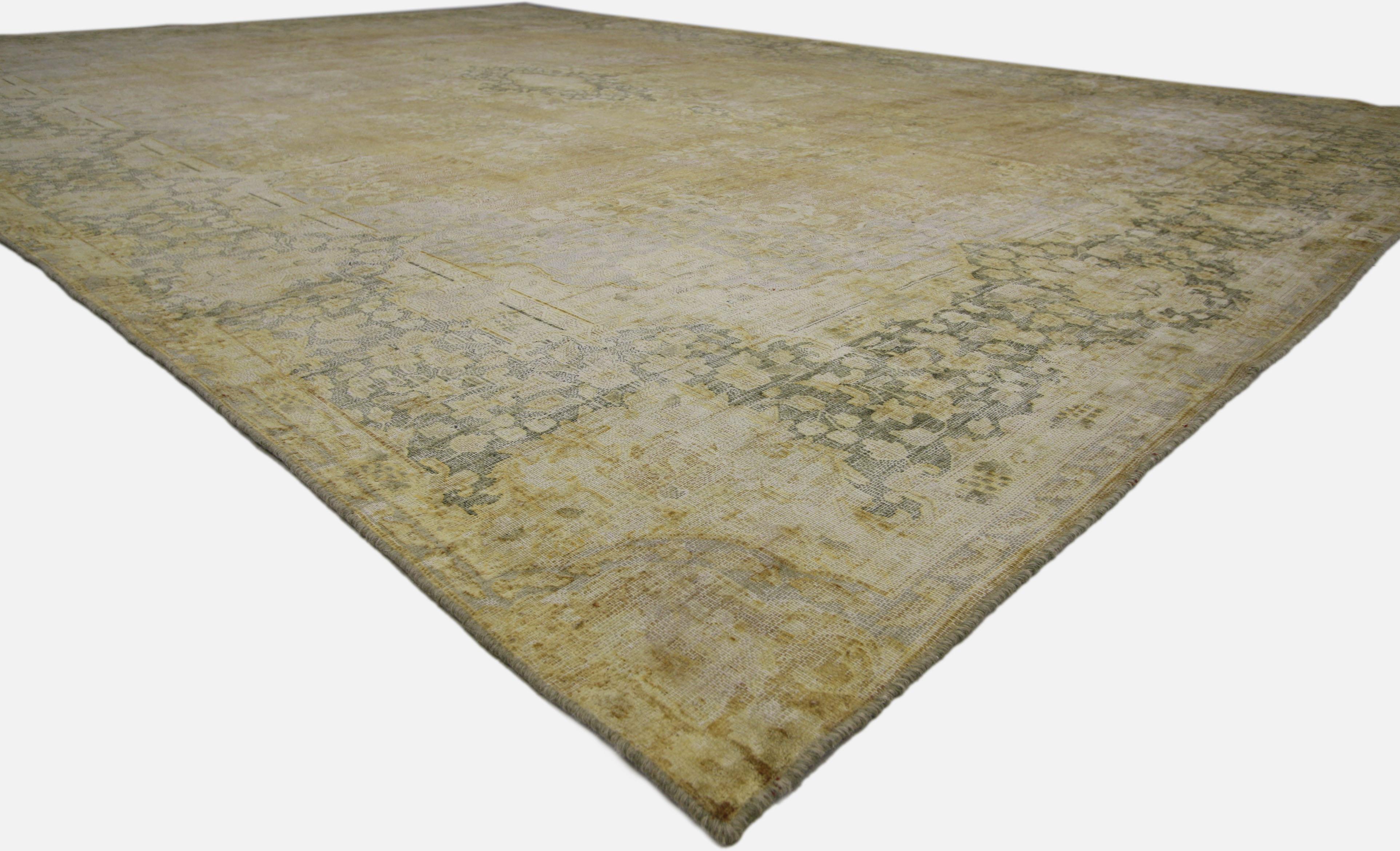 Hand-Knotted Distressed Vintage Turkish Oversized Rug with Shabby Chic Farmhouse Style