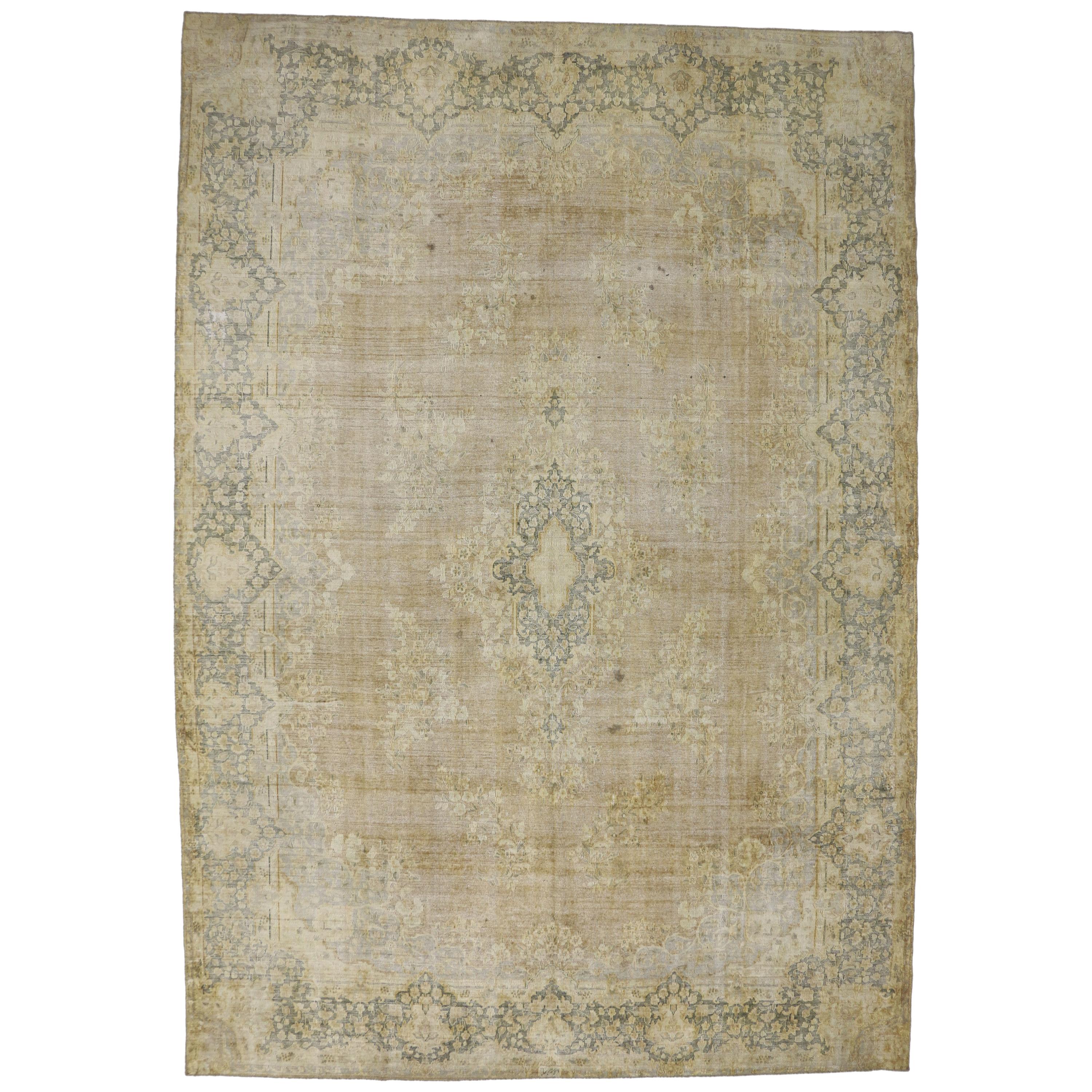 Distressed Vintage Turkish Oversized Rug with Shabby Chic Farmhouse Style