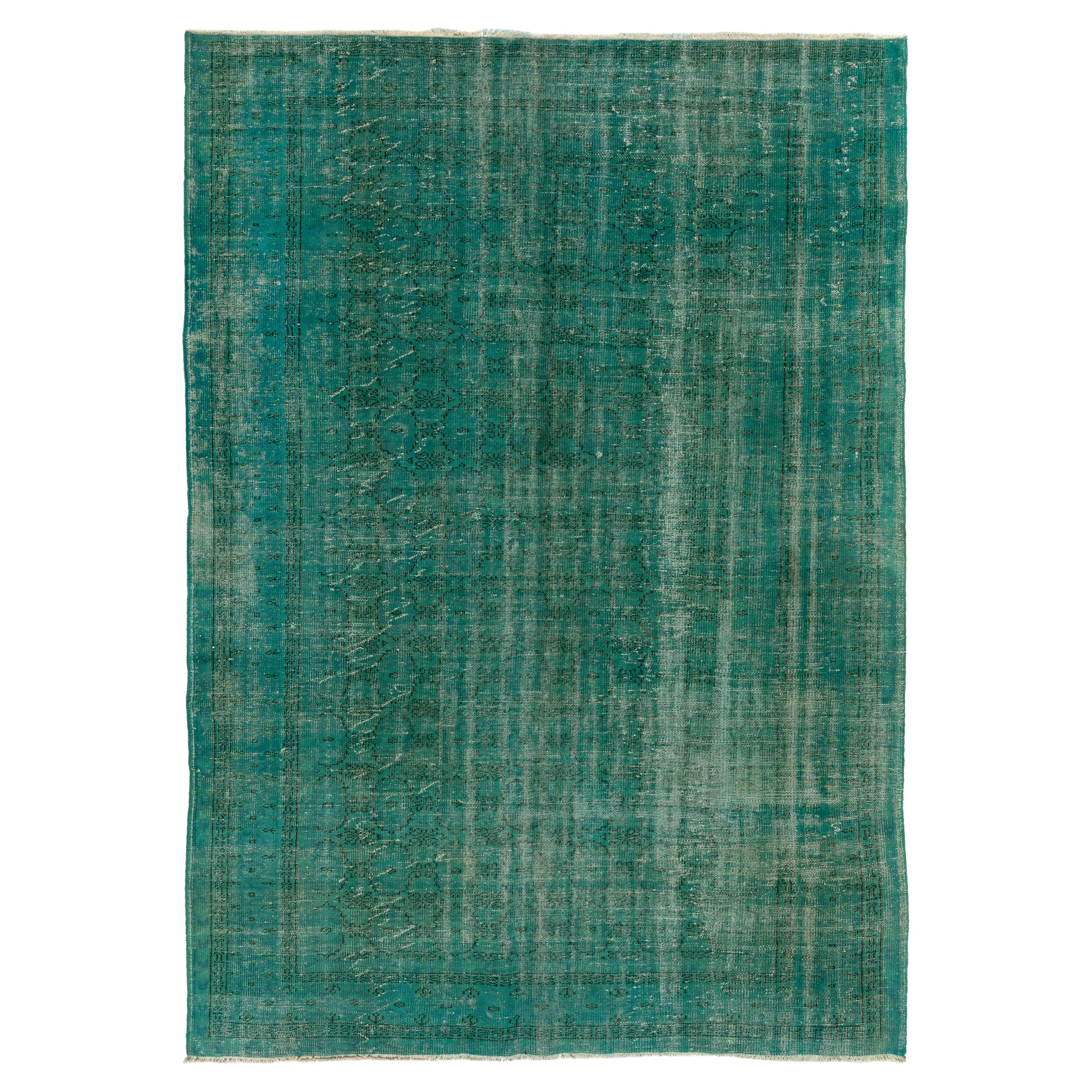 7.2x9.6 Ft Distressed Vintage Turkish Rug Re-Dyed in Teal Color for Modern Homes