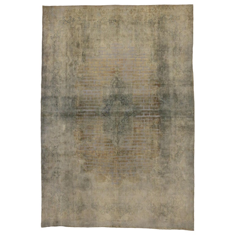 Distressed Vintage Turkish Rug with Modern Industrial Brick Tile ...