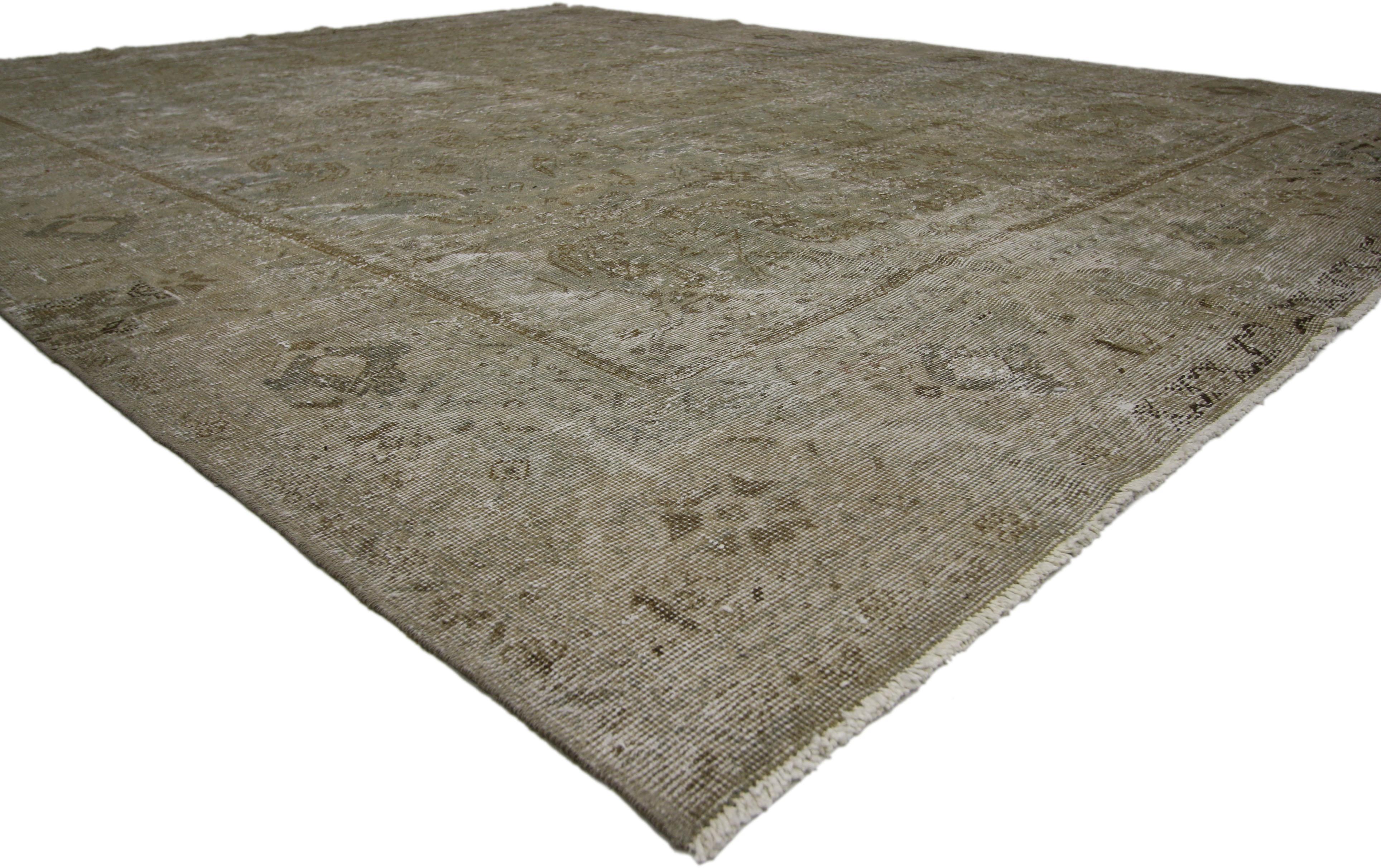 60672, distressed vintage Turkish rug with Modern Industrial style. Defined and raw combined with utilitarian appeal, this distressed vintage Turkish rug goes beyond the boundaries of design with historical richness and a subtle burst of dark and