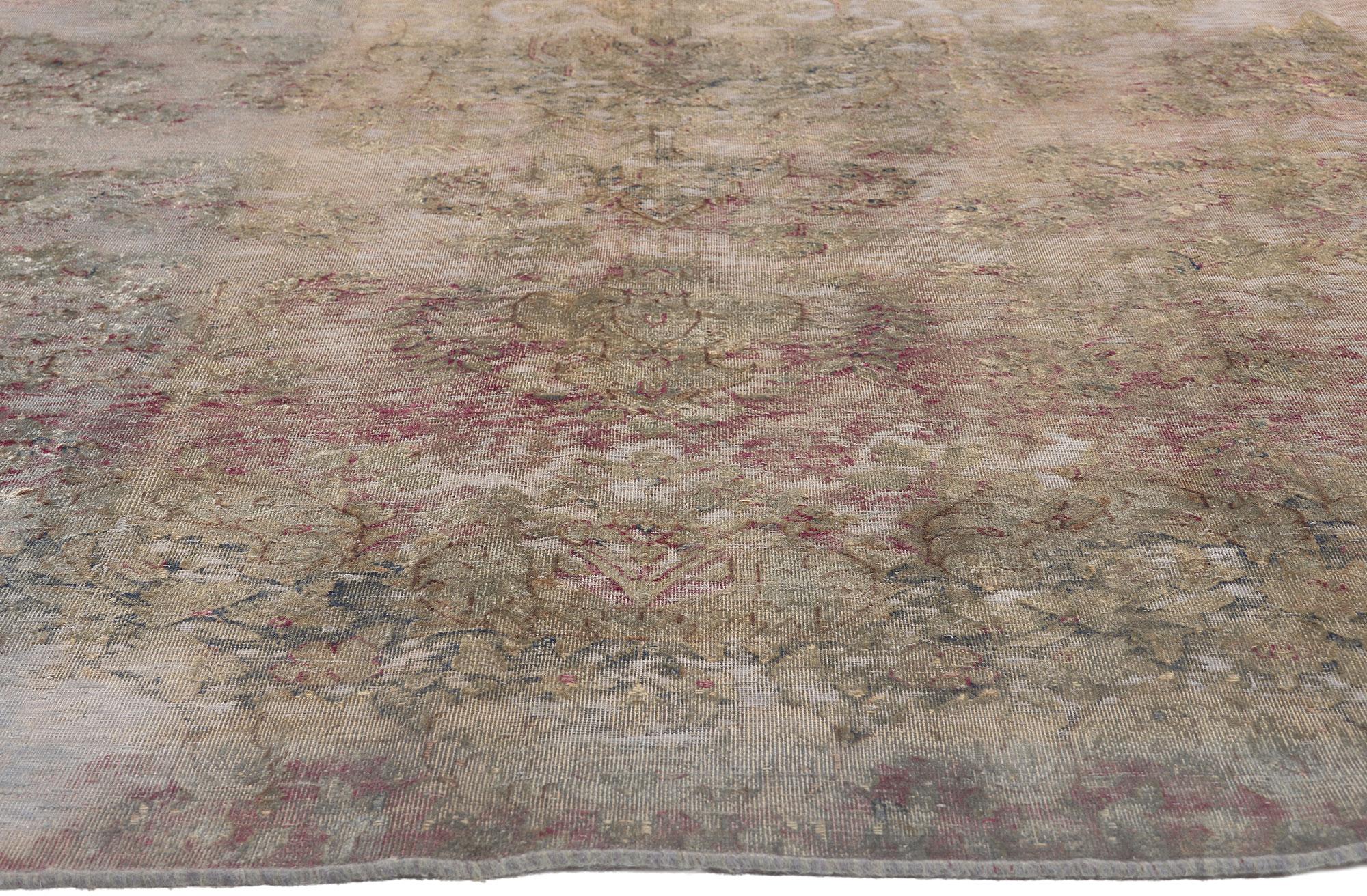 Vintage Turkish Overdyed Rug, Romantic Industrial Meets French Provincial In Distressed Condition For Sale In Dallas, TX