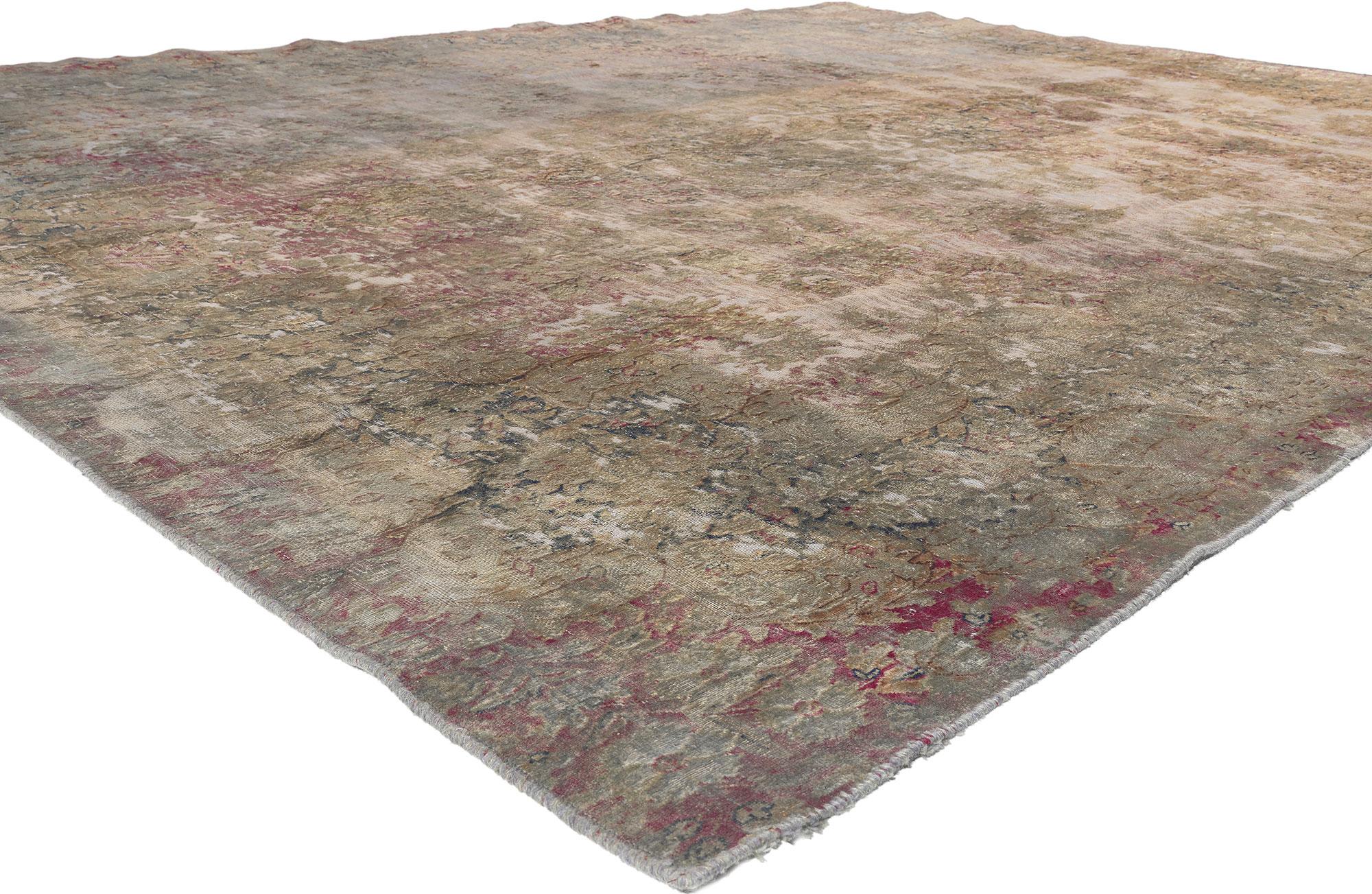 60724 Vintage Turkish Overdyed Rug, 09'08 x 12'08. 
Romantic Industrial meets French Provincial in this hand knotted wool vintage Turkish Overdyed rug. The faded floral design and muted earthy colorway in this piece work capture the essence of