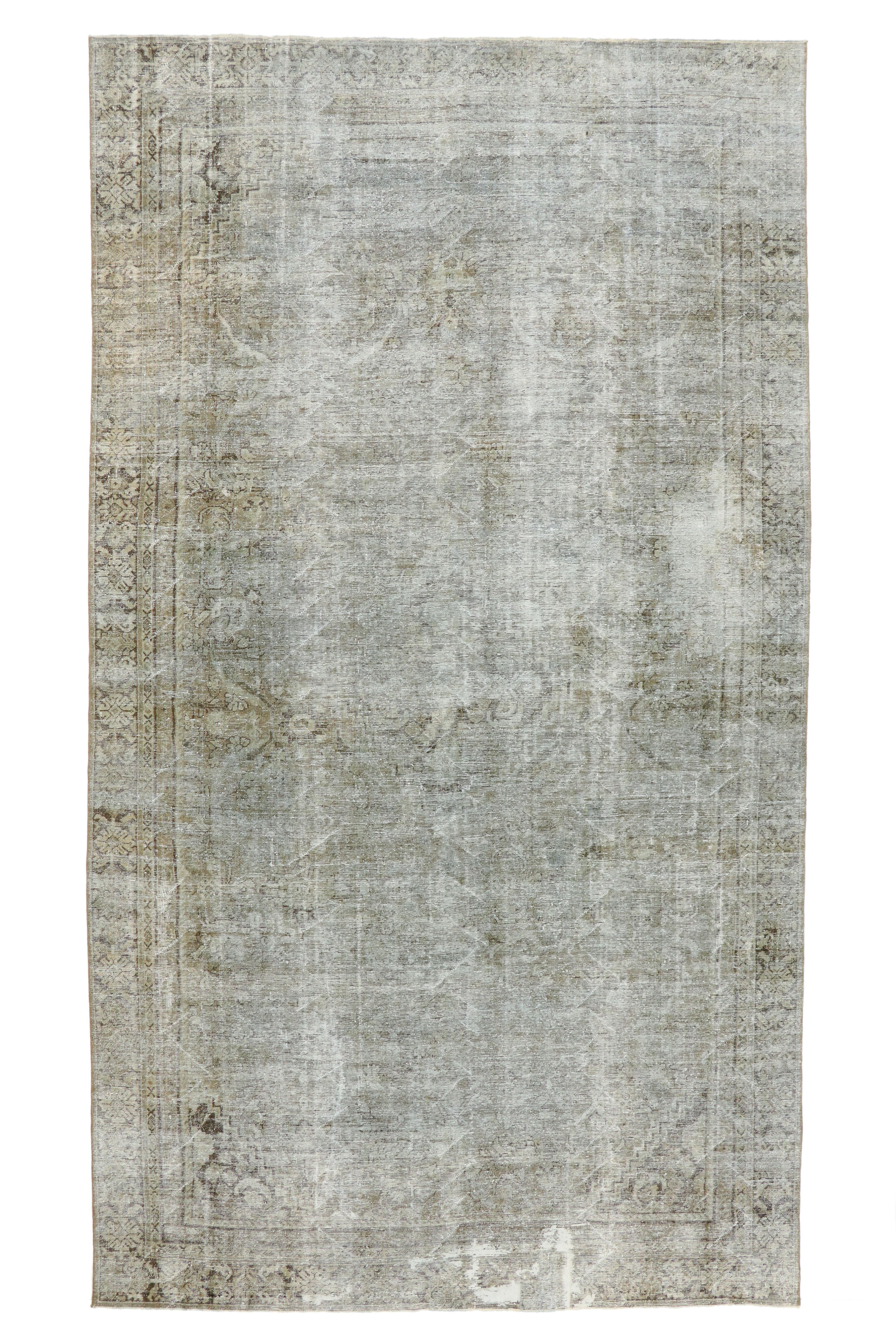 60670 Distressed Vintage Turkish Rug with Modern Industrial Urban Luxe Style 09'02 x 16'06. Modern industrial style and Urban Luxe vibes collide in this hand knotted wool distressed vintage Turkish rug. It features a barely there all-over botanical