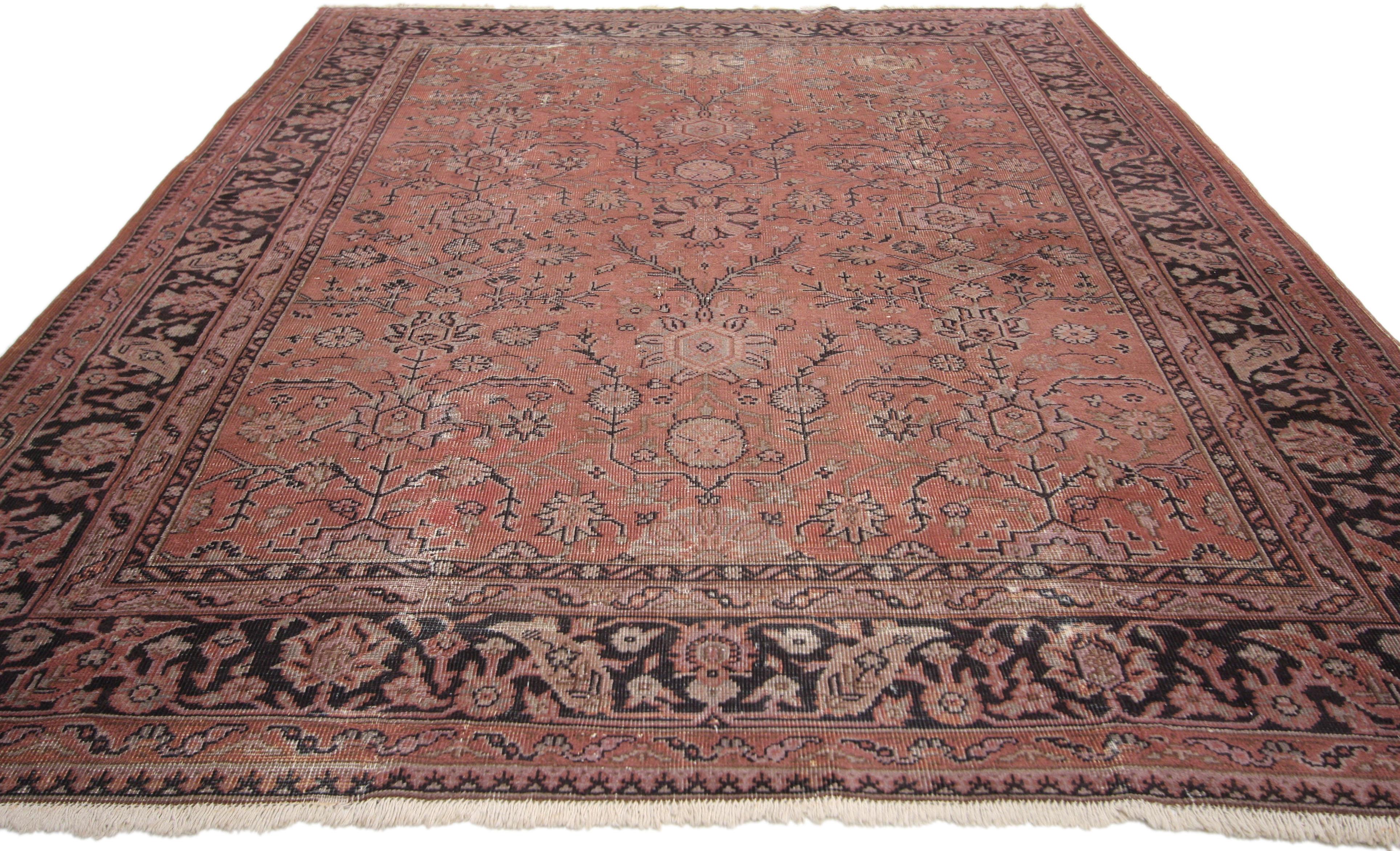 71513, distressed vintage Turkish rug with Romantic Swedish farmhouse style. Full of character and charm, this hand knotted wool distressed vintage Turkish rug with features an all-over geometric floral pattern composed of blooming splayed palmettes