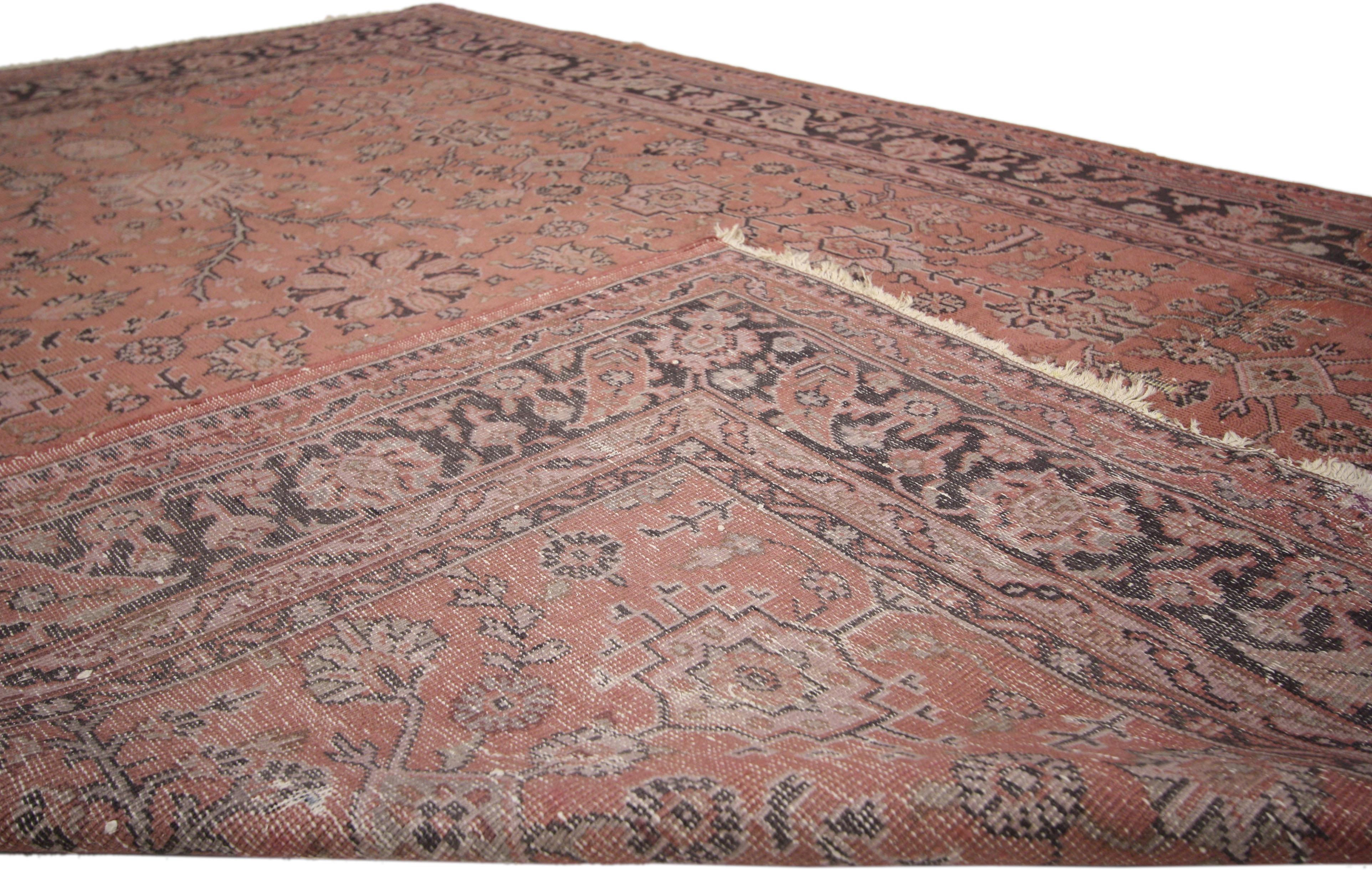 Distressed Vintage Turkish Rug with Romantic Swedish Farmhouse Style In Distressed Condition For Sale In Dallas, TX