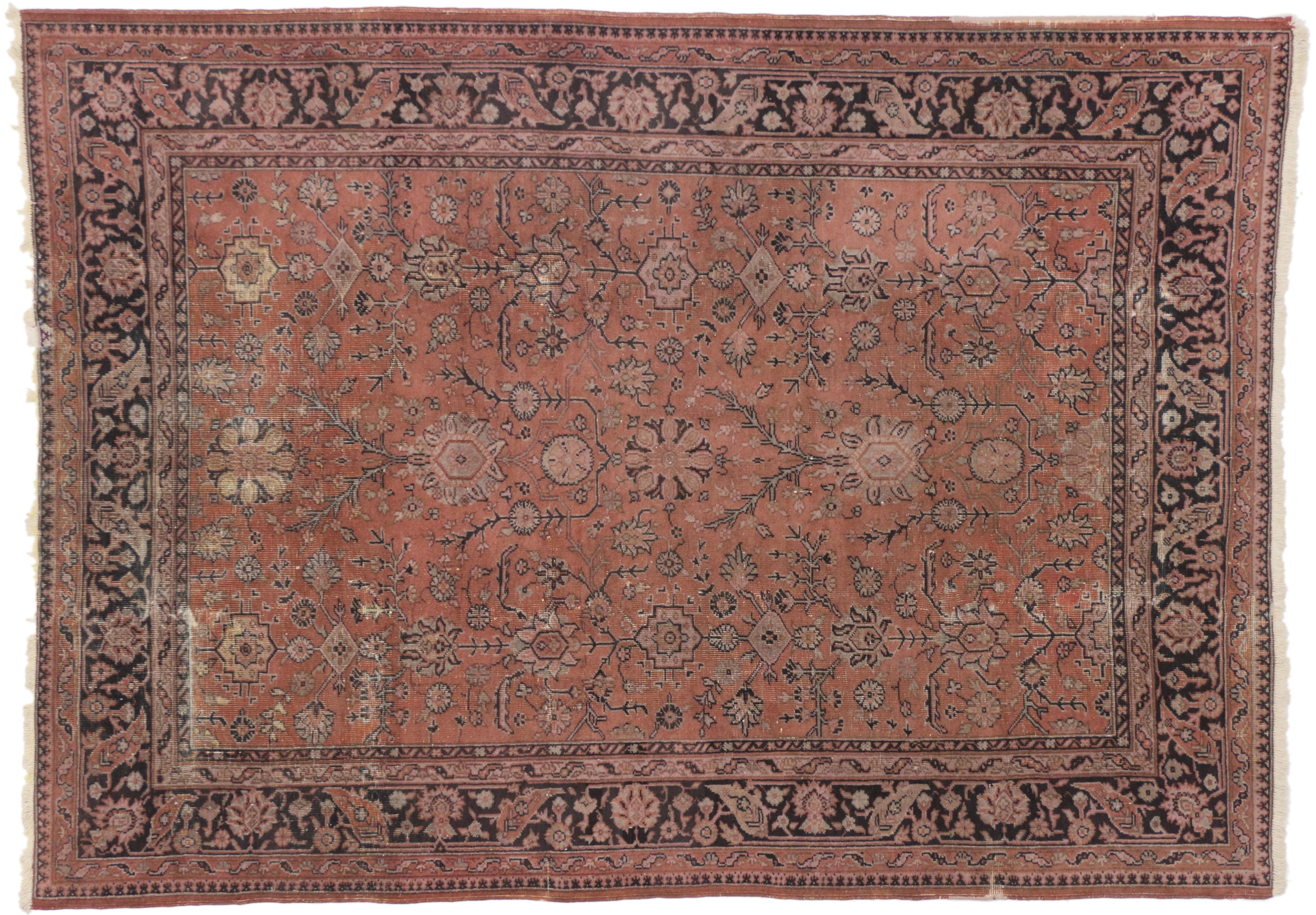 20th Century Distressed Vintage Turkish Rug with Romantic Swedish Farmhouse Style For Sale