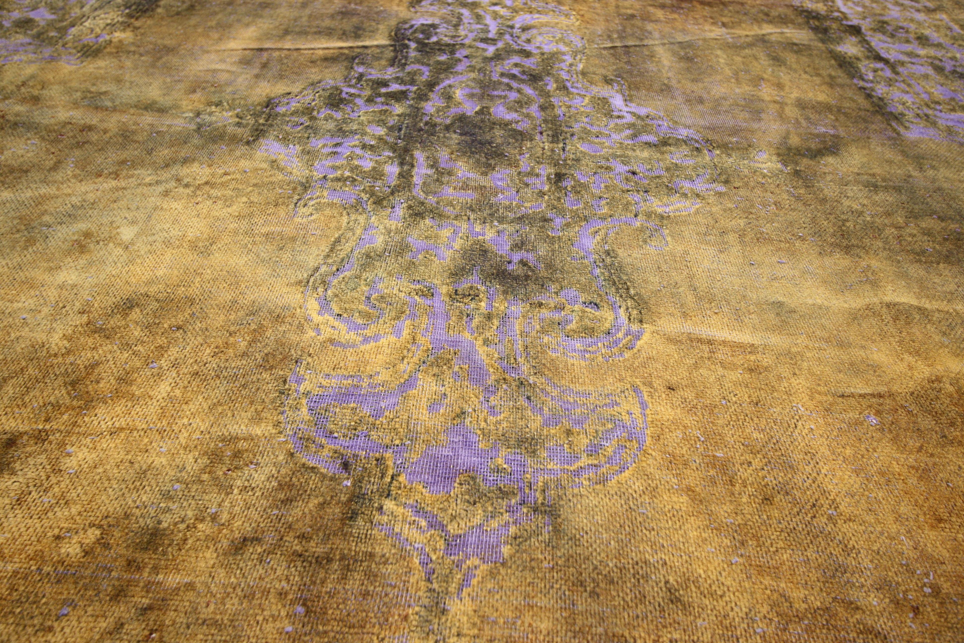 Hand-Knotted Citrine & Lavender Distressed Vintage Turkish Rug with Rustic French Industrial 