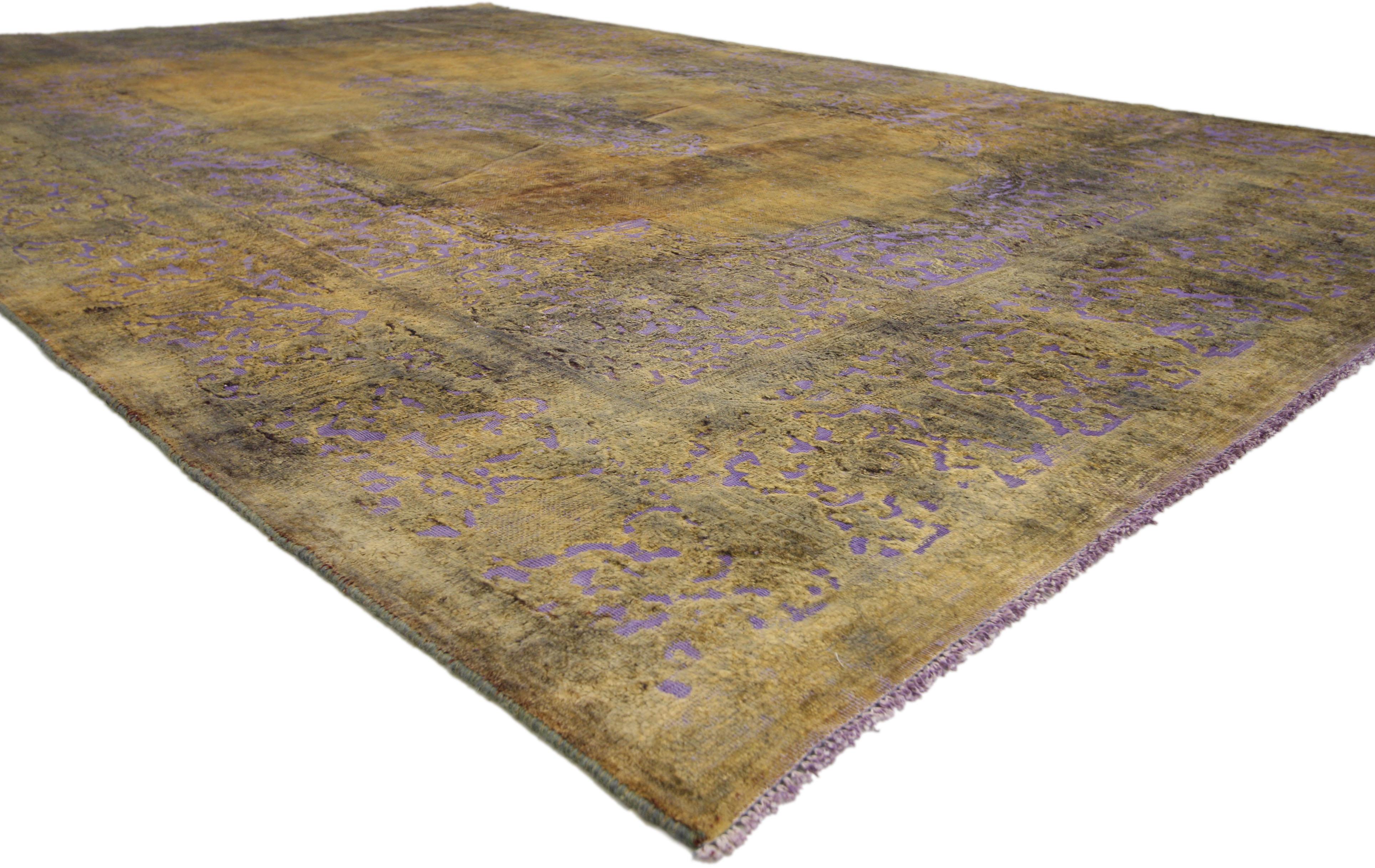 60772 Citrine & Lavender Distressed Vintage Turkish Rug with Rustic French Industrial Style 09'01 x 13'02. Stylish and bold combined with defined and raw, this hand-knotted wool distressed vintage Turkish rug goes beyond the boundaries of design