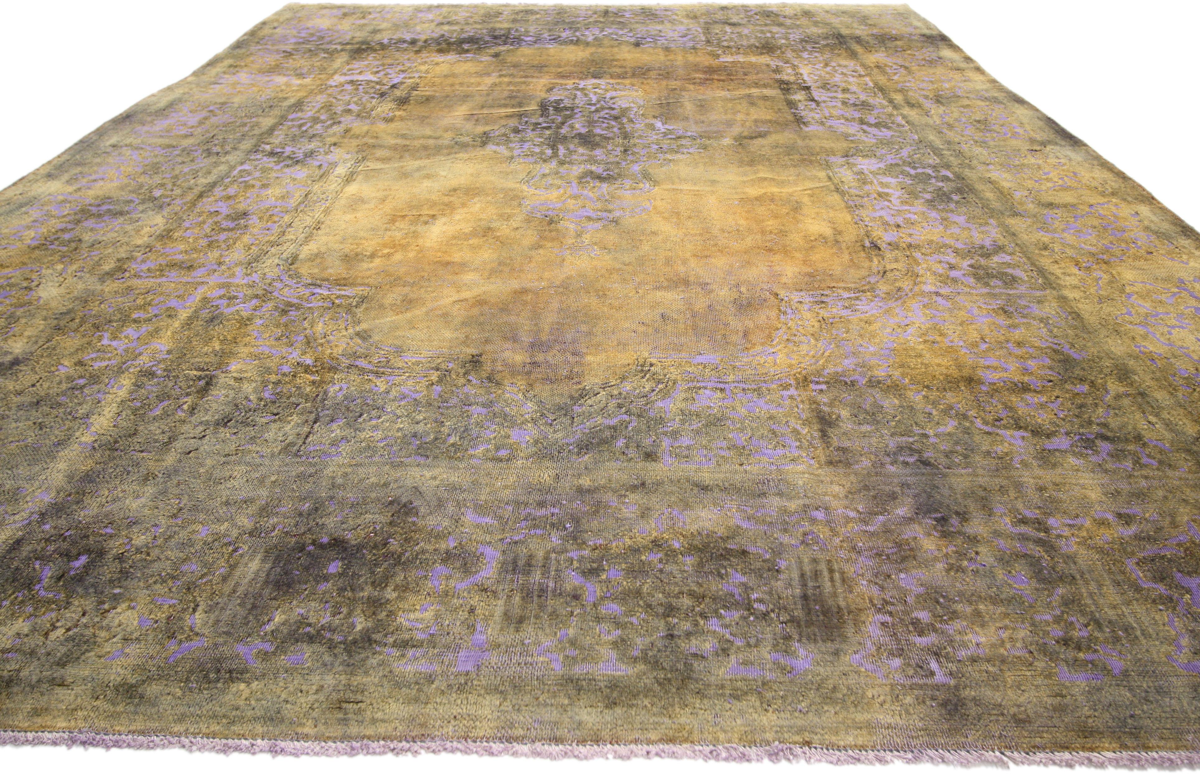 Modern Citrine & Lavender Distressed Vintage Turkish Rug with Rustic French Industrial 