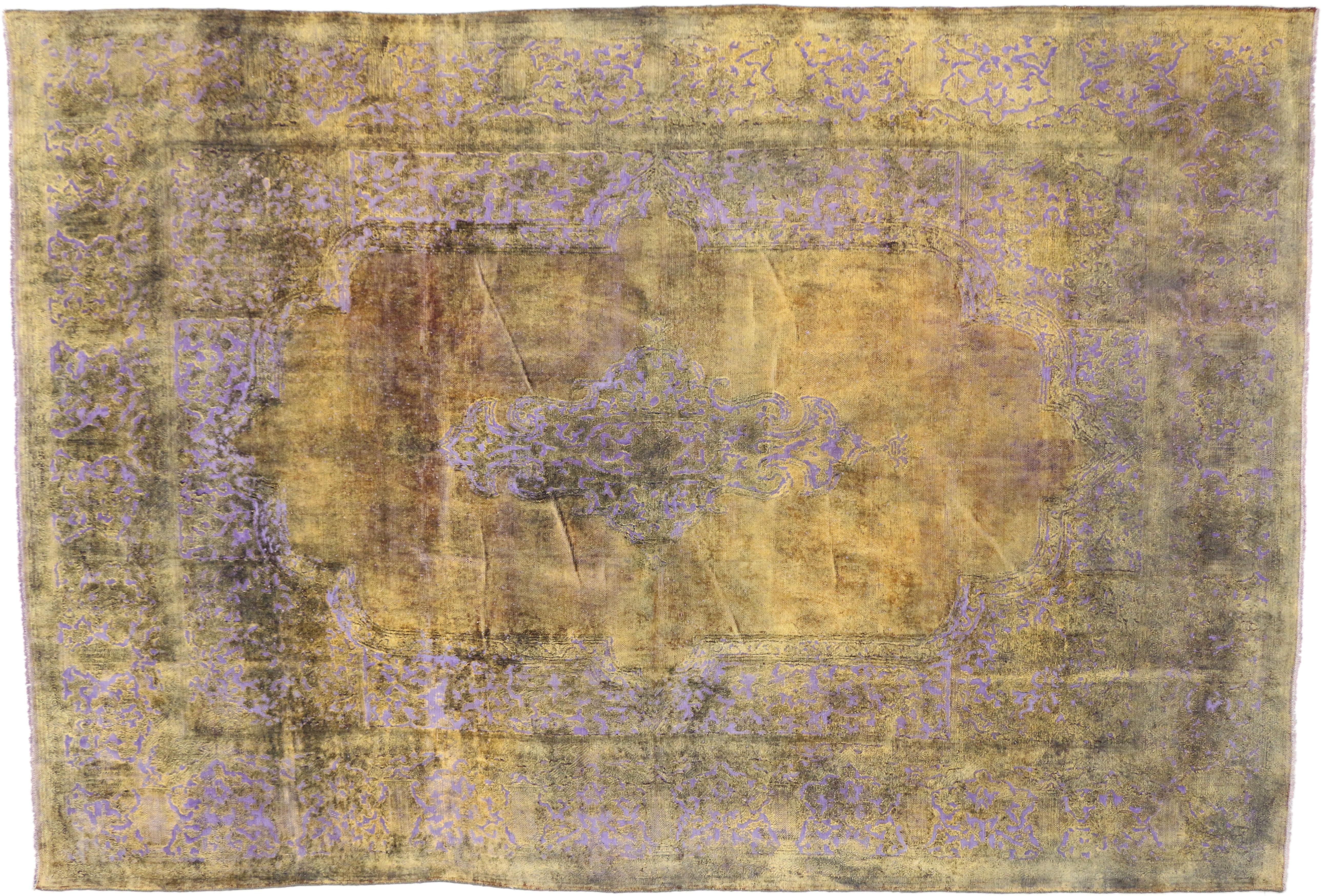20th Century Citrine & Lavender Distressed Vintage Turkish Rug with Rustic French Industrial 