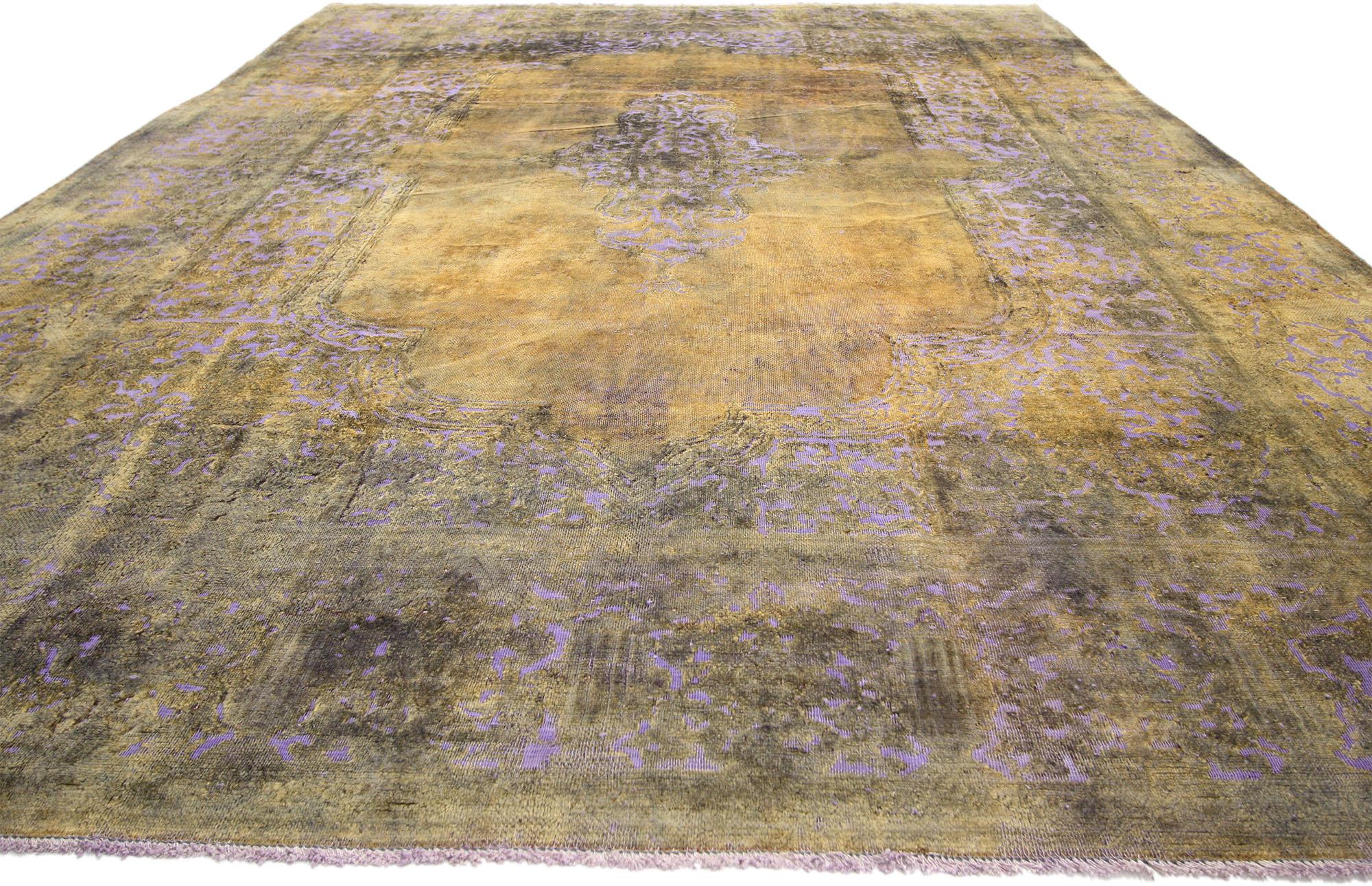 Citrine & Lavender Distressed Vintage Turkish Rug with Rustic French Industrial  1