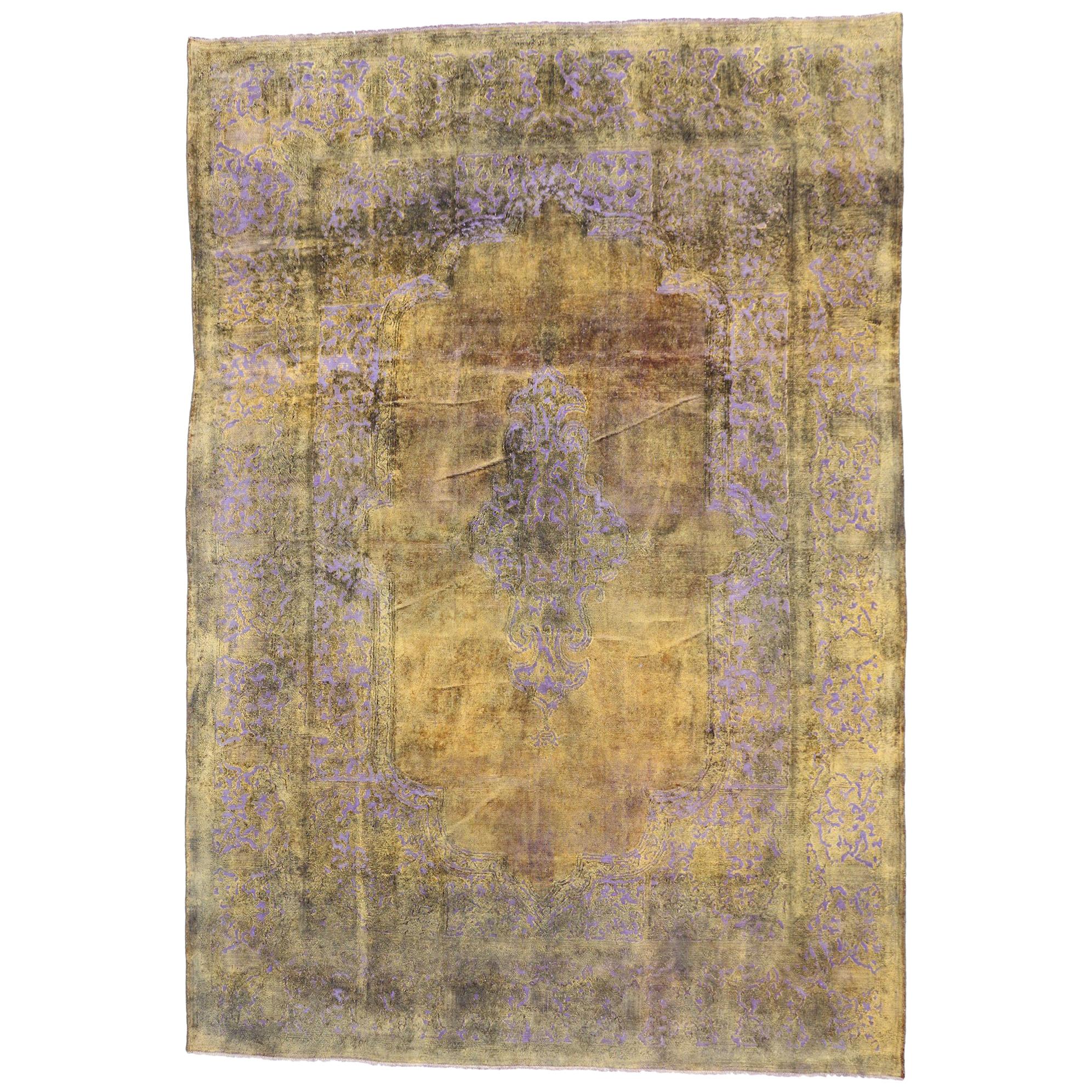 Citrine & Lavender Distressed Vintage Turkish Rug with Rustic French Industrial 