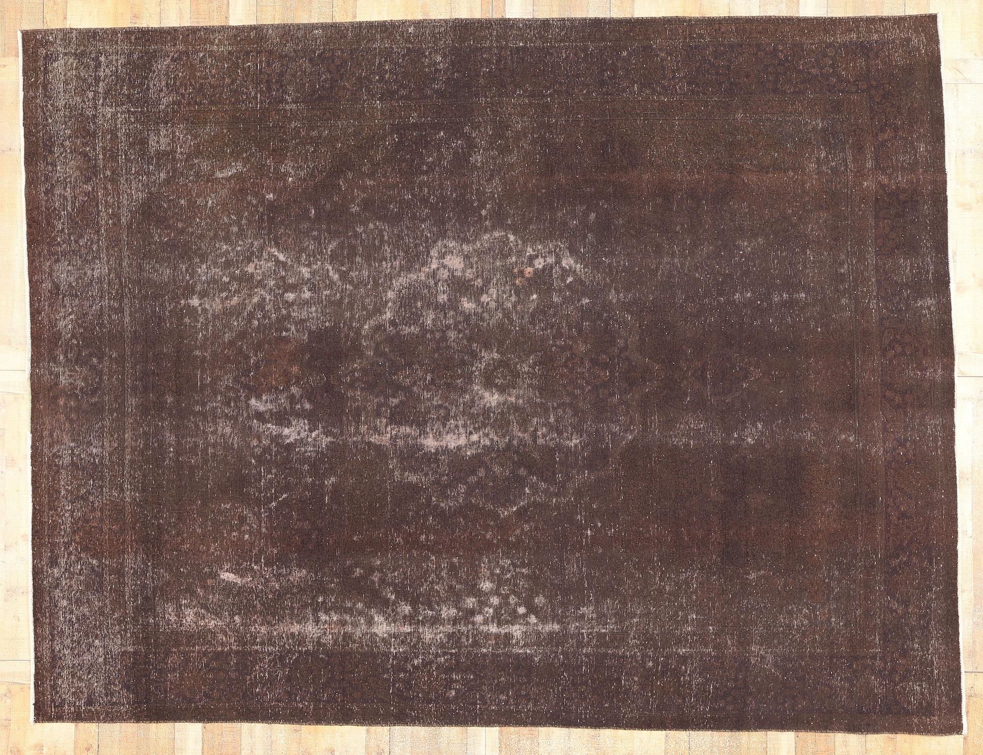 Earth-Tone Vintage Turkish Overdyed Rug, Modern Industrial Meets Luxury Lodge For Sale 1