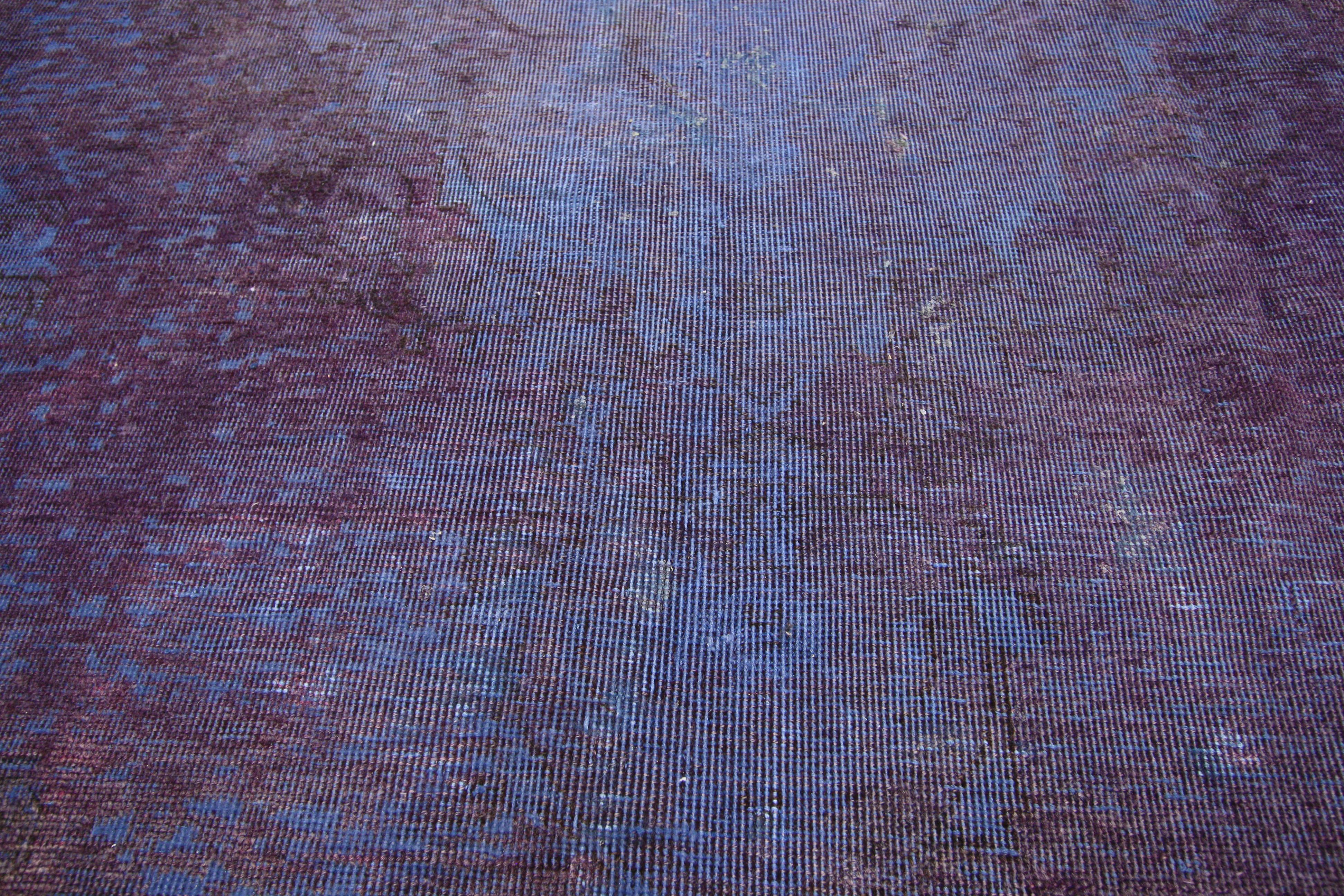 60787 Distressed Vintage Turkish Overdyed Rug with Postmodern Memphis Style 08'00 x 11'01 From Esmaili Rugs Collection. Combing a timeless design with chromatic brilliancy, this hand-knotted wool distressed vintage Turkish overdyed rug beautifully