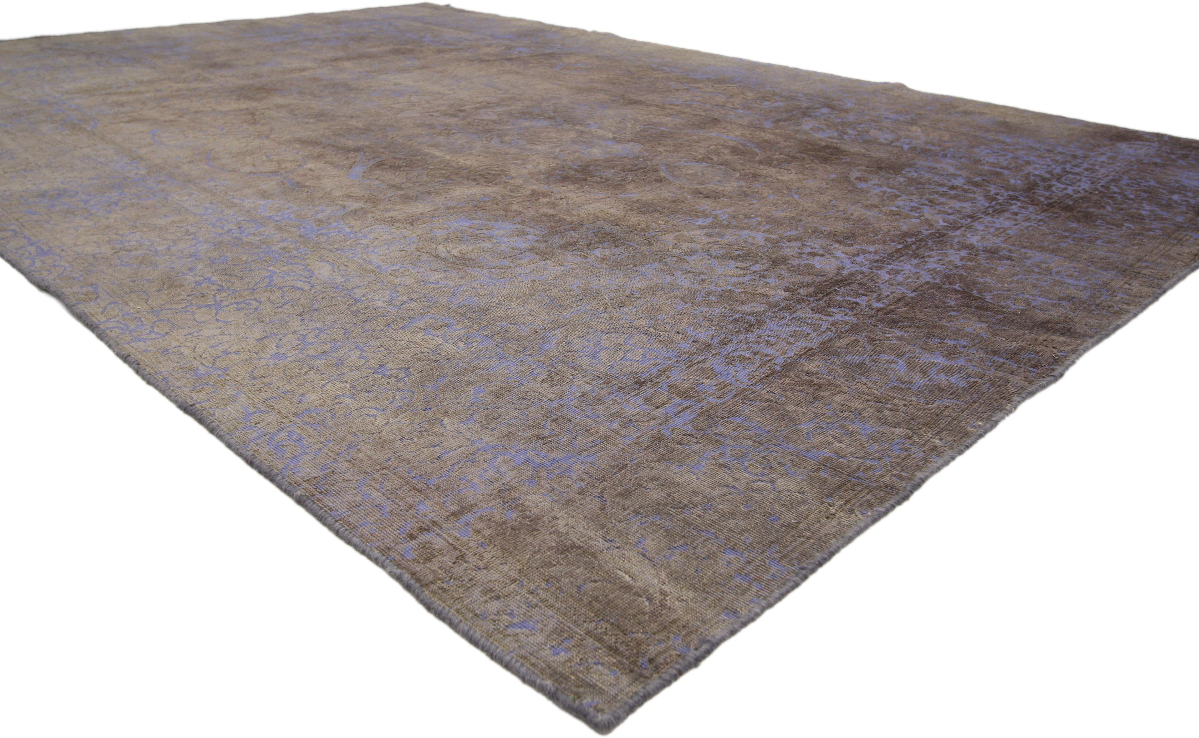 ​60775 Distressed Vintage Turkish Rug with Romantic French Modern Industrial Style 07'08 x 11'02. Balancing a timeless design with a romantic rustic sensibility, this hand knotted wool distressed vintage Turkish overdyed rug beautifully embodies a