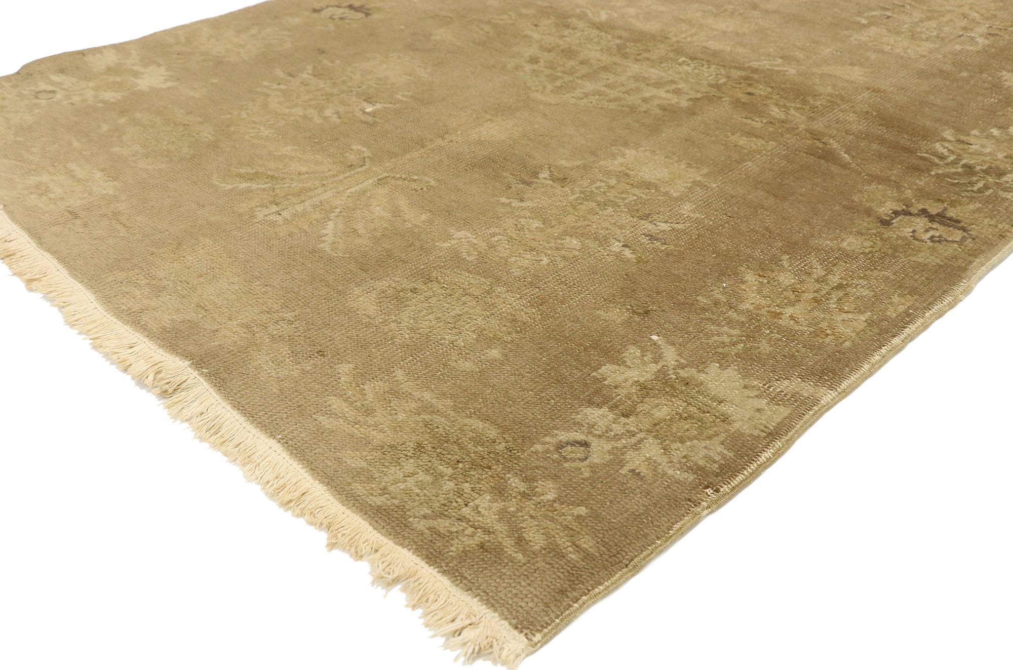 72506, distressed vintage Turkish rug with shabby chic country farmhouse style. The intricate designs and subdued colors of this hand knotted Turkish rug create a vibe of relaxed elegance. Imagine this carpet in a room appointed with natural wood