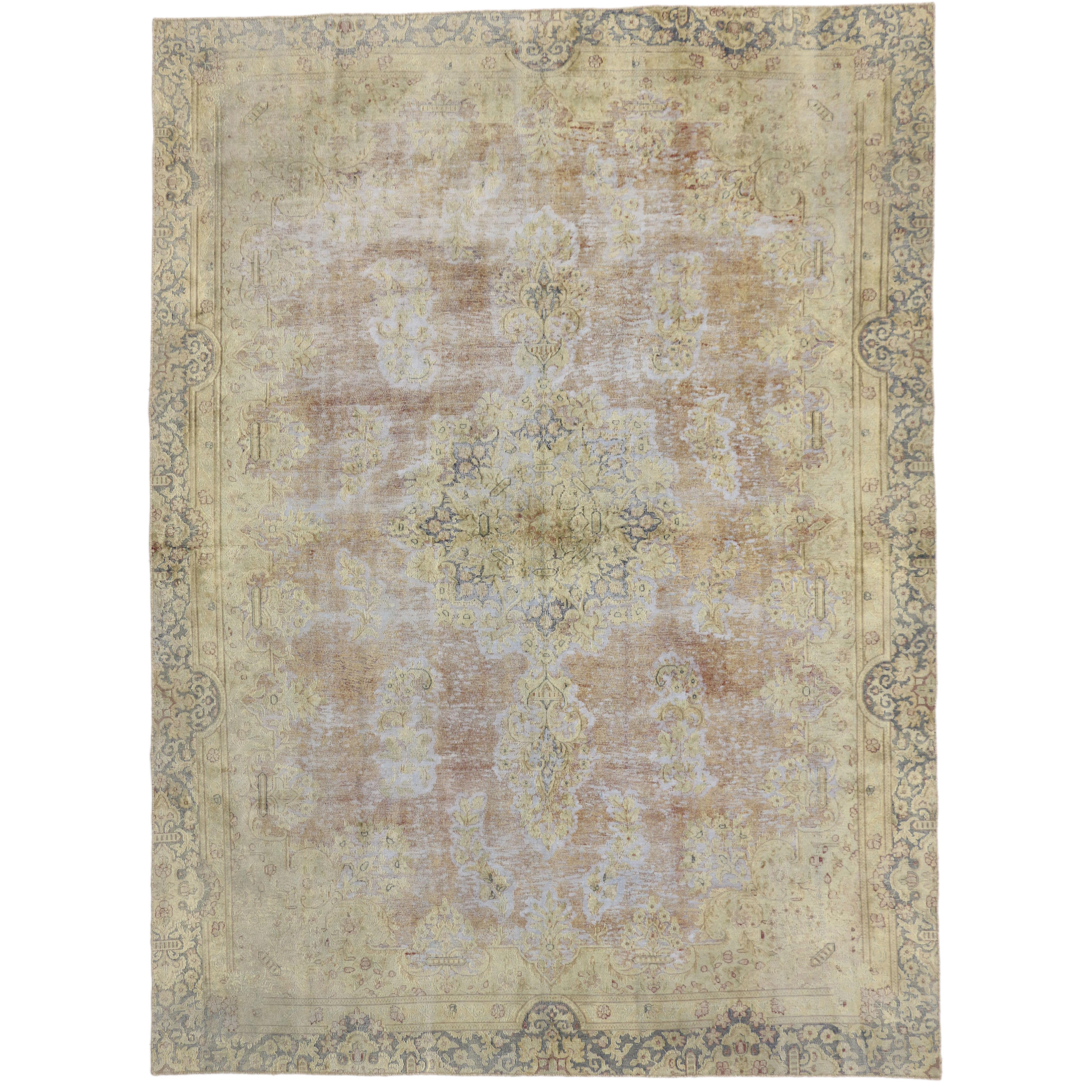 Distressed Vintage Turkish Area Rug With Shabby Chic Farmhouse Style