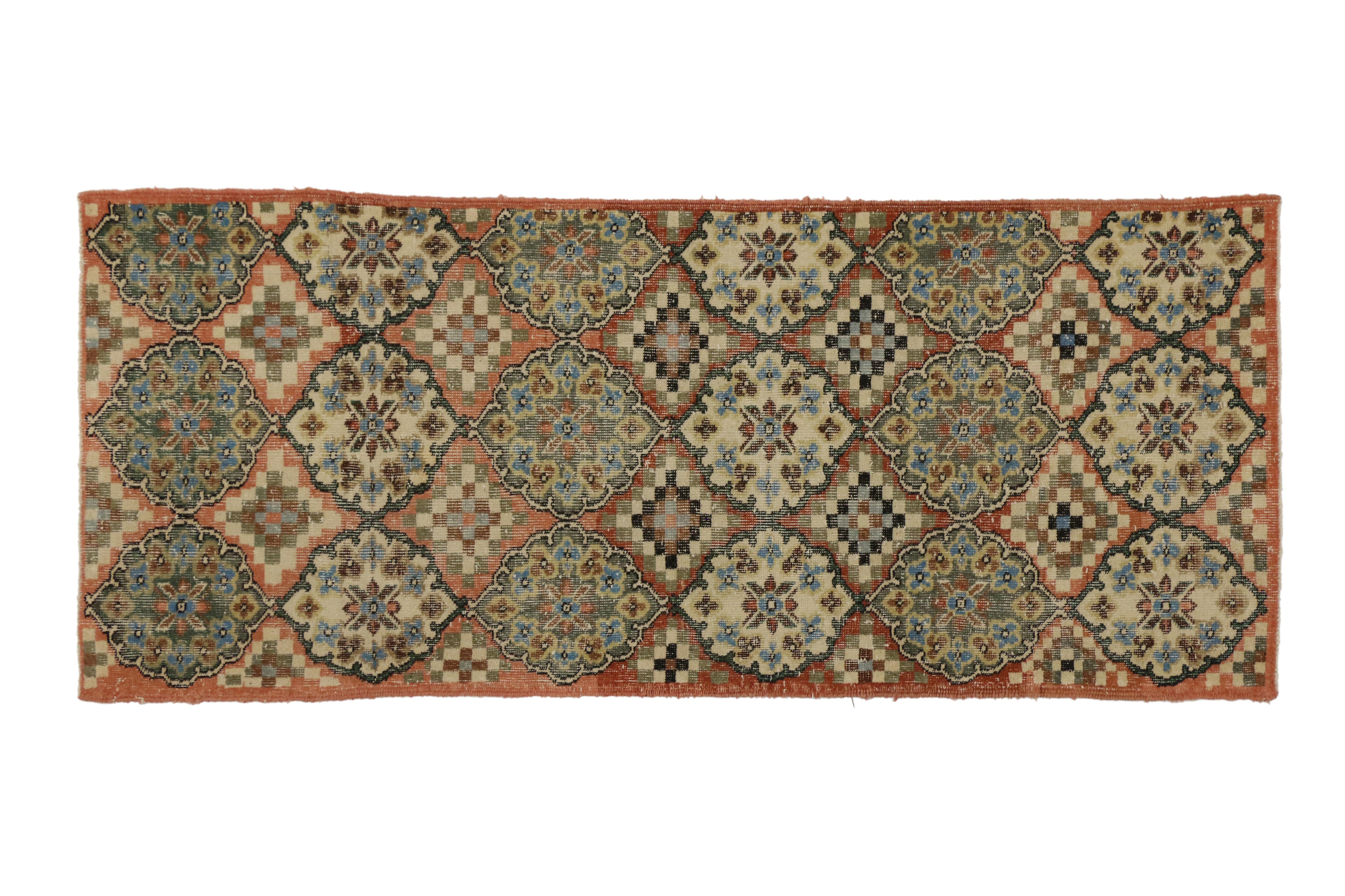Hand-Knotted Distressed Vintage Turkish Sivas Accent Rug in Swedish Farmhouse Style For Sale
