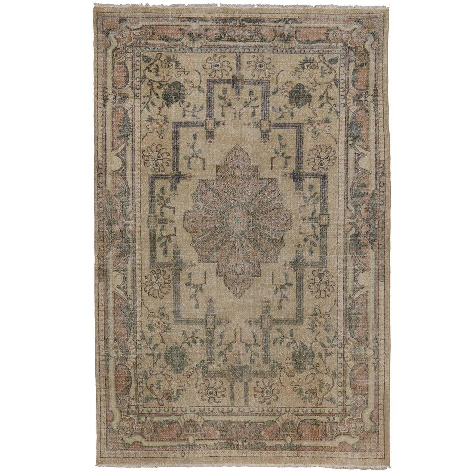 Distressed Vintage Turkish Sivas Area Rug with Rustic Art Deco Cottage Charm For Sale