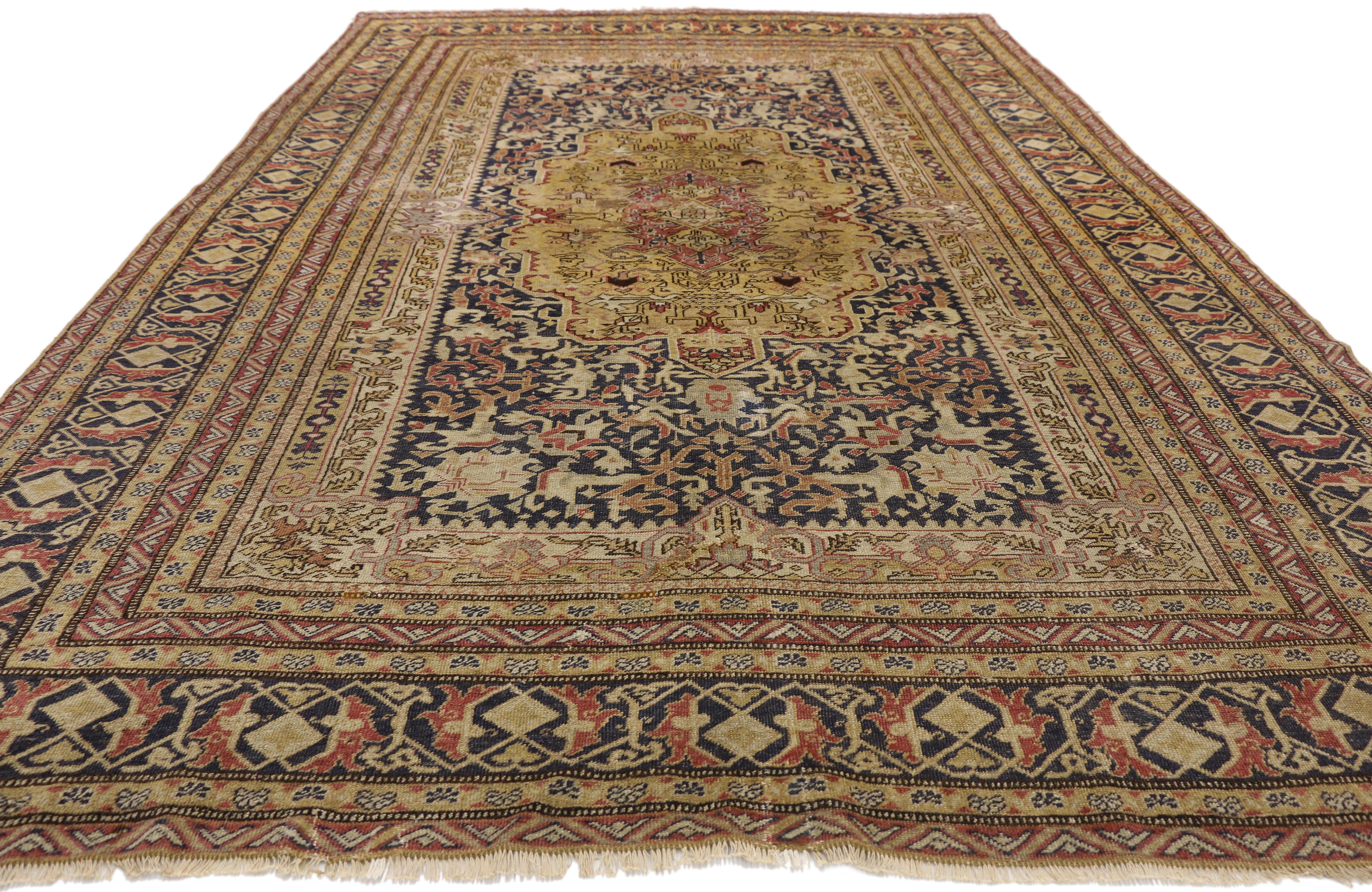 Hand-Knotted Distressed Vintage Turkish Sivas Gallery Rug with Industrial Artisan Style For Sale