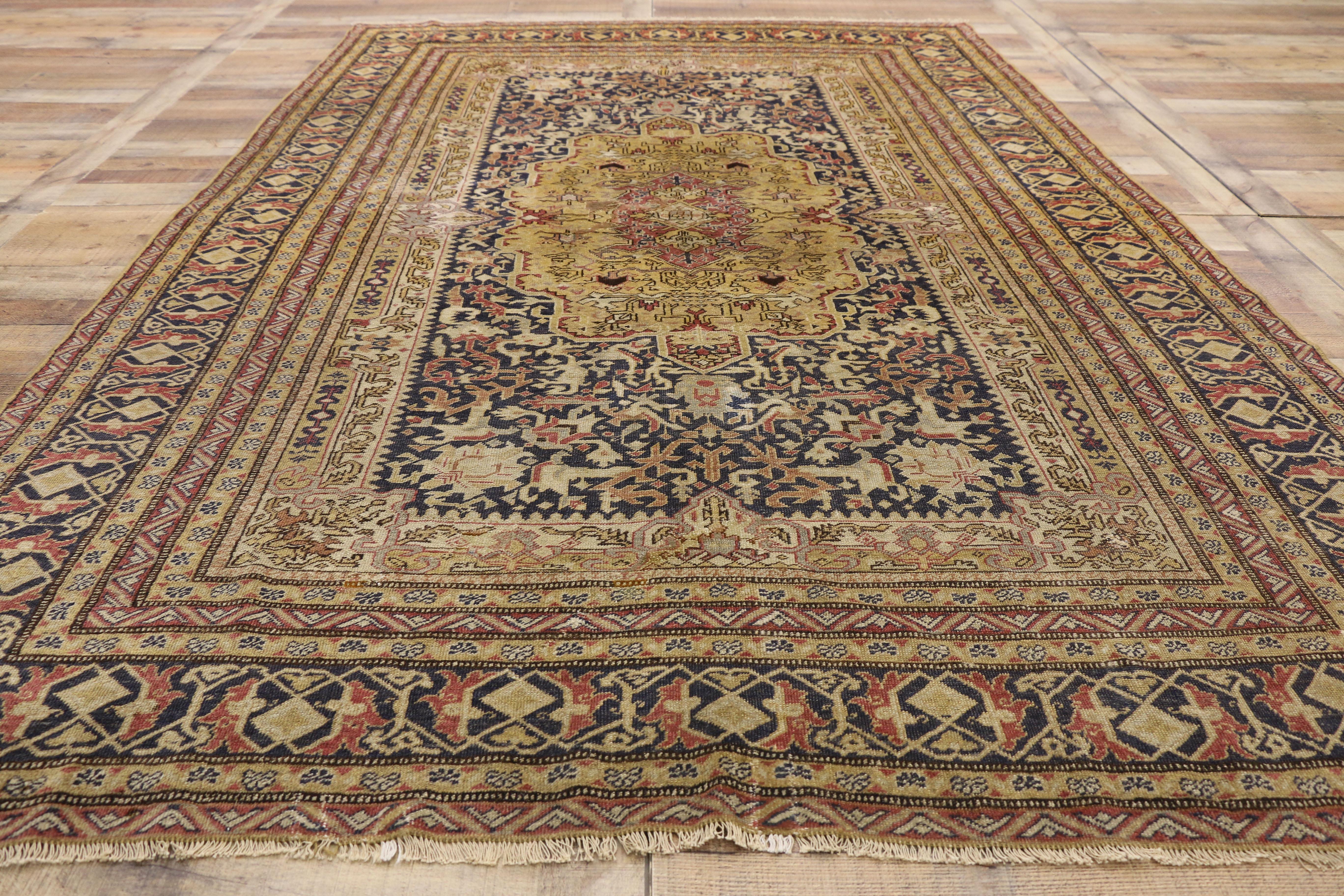 Distressed Vintage Turkish Sivas Gallery Rug with Industrial Artisan Style For Sale 1