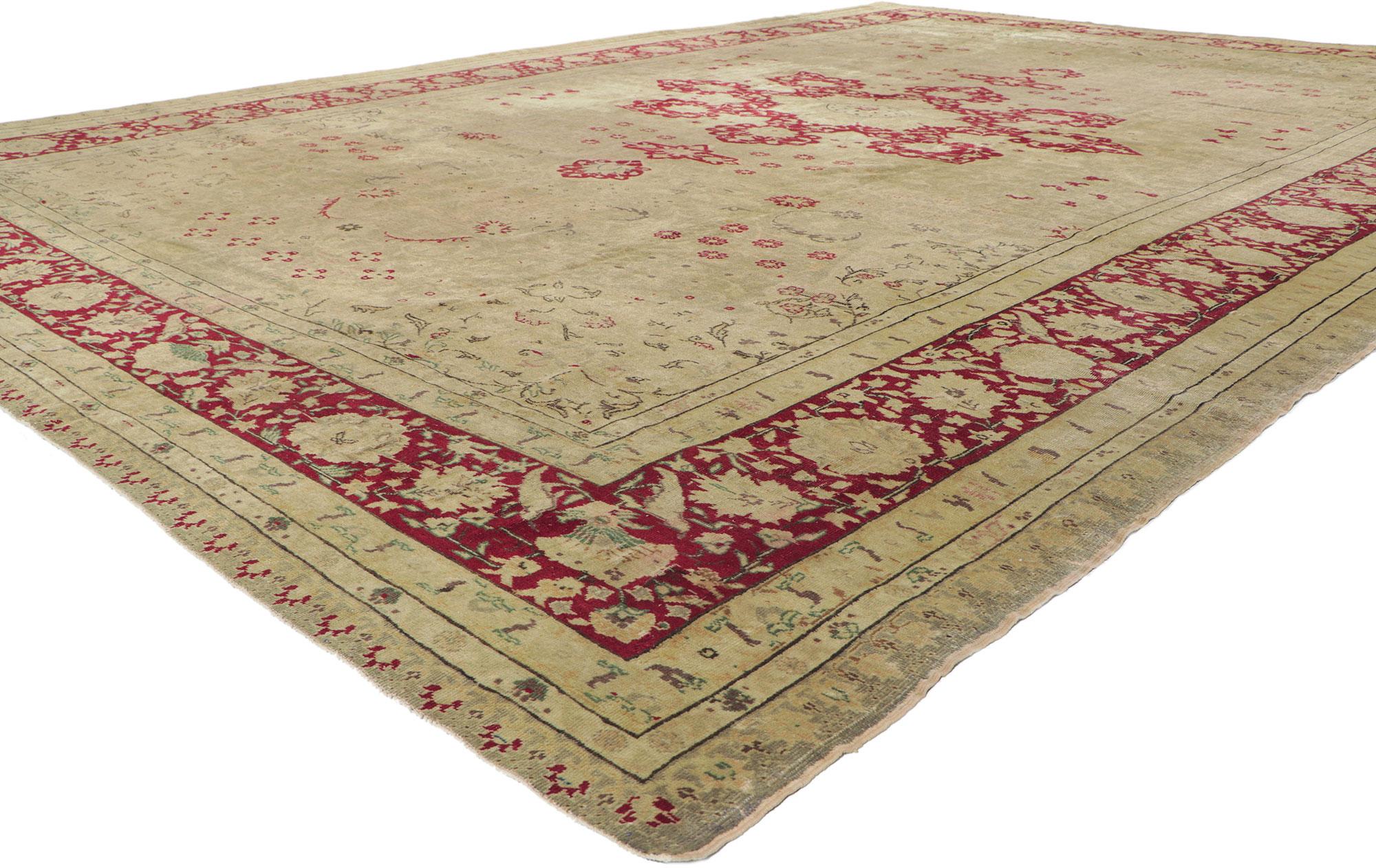 51847 Antique Turkish Sivas Rug 09'10 x 14'01. Emanating sophistication and nostalgic charm, this hand-knotted wool antique Turkish Sivas rug creates an inimitable warmth and calming ambiance.​ Taking center stage is an eight-point cusped trefoil