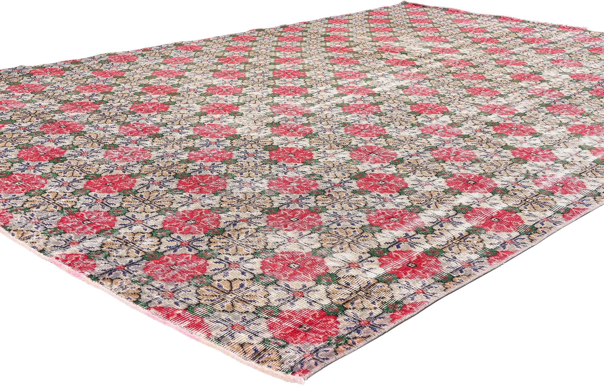 53365 Zeki Muren Distressed Vintage Turkish Sivas Rug, 06'11 x 10'06. Like a garden of forgotten dreams blooming beneath centuries of starlight, this hand-knotted wool Zeki Muren vintage Turkish Sivas rug captures the soul with its poetic harmony of