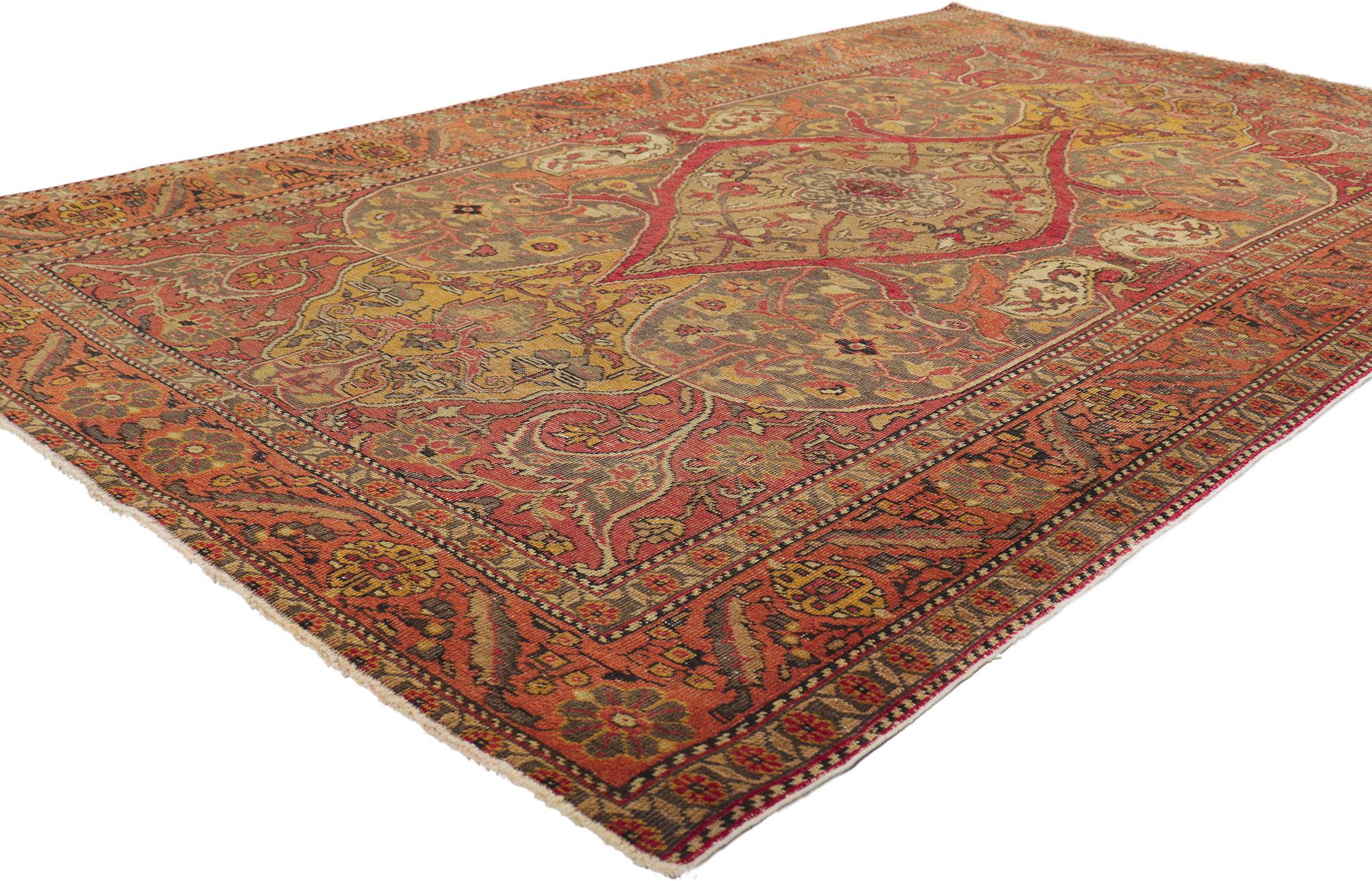 50572 Distressed Vintage Turkish Sivas Rug, ​04'07 x 07'07.
​Get ready to swoon over this woolen wonder. With its rustic sensibility, it's a rugged meets refined made made in heaven. The romantic botanical designs and warm earthy colorway can