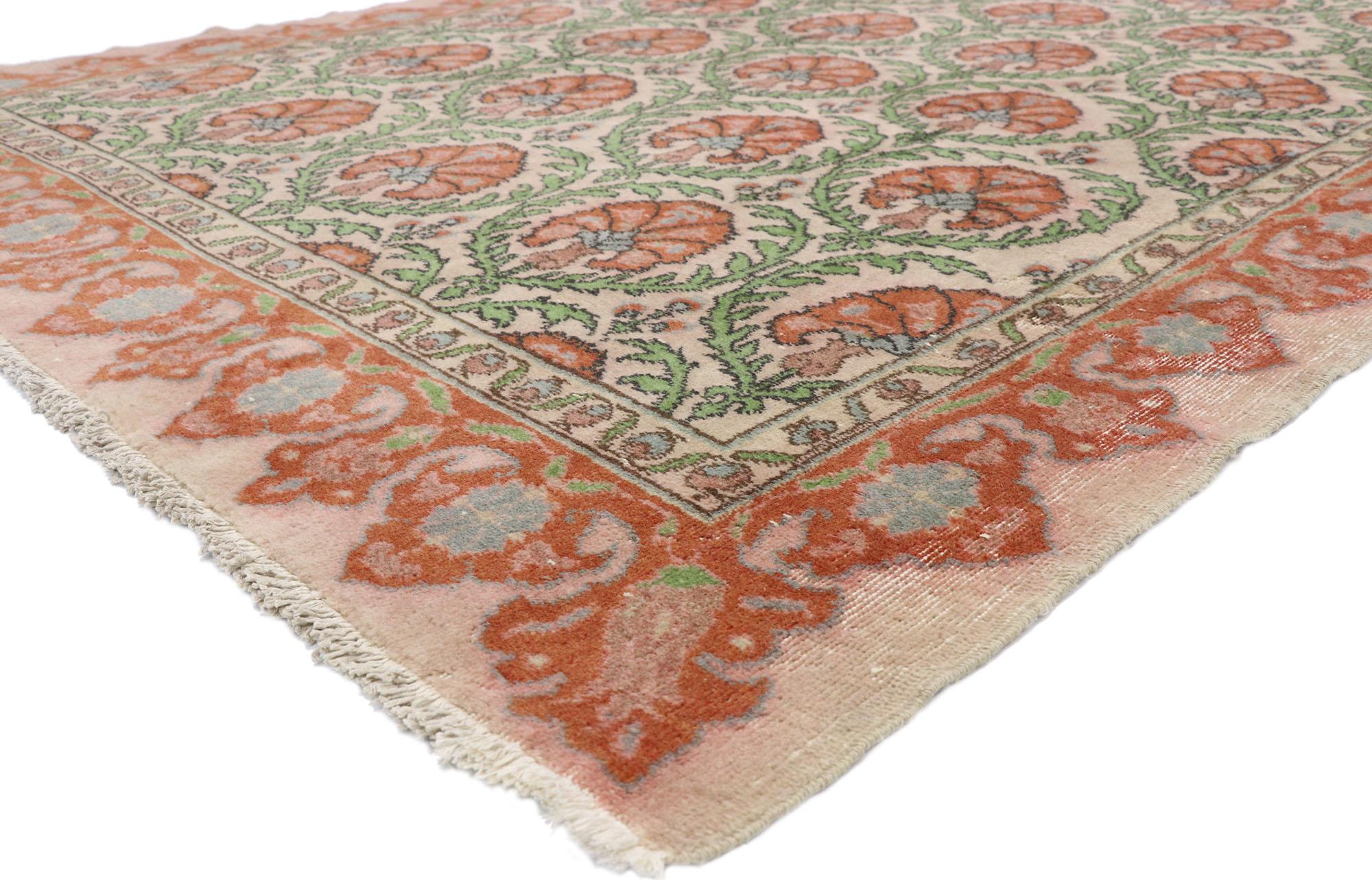 52577 Distressed Vintage Turkish Sivas Rug with Arts & Crafts William Morris Style 06'08 x 10'08. Reminisce of 19th century French designs and decorative elegance, this hand knotted wool distressed vintage Turkish Sivas rug beautifully embodies Arts