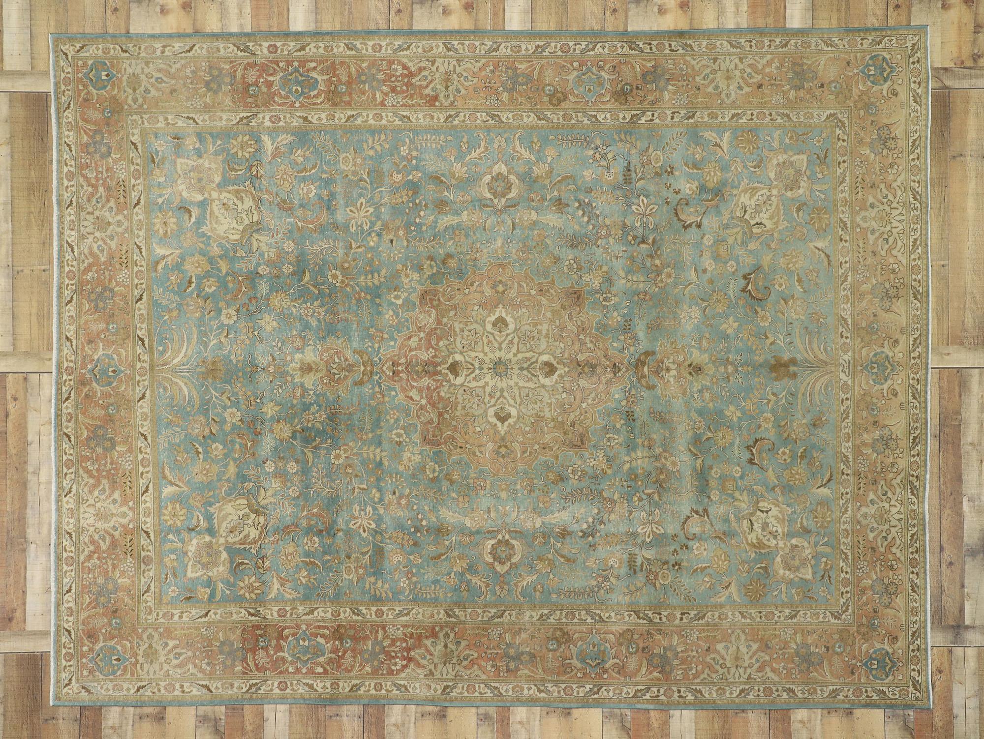 Wool Distressed Vintage Tabriz Rug with Gustavian Style For Sale