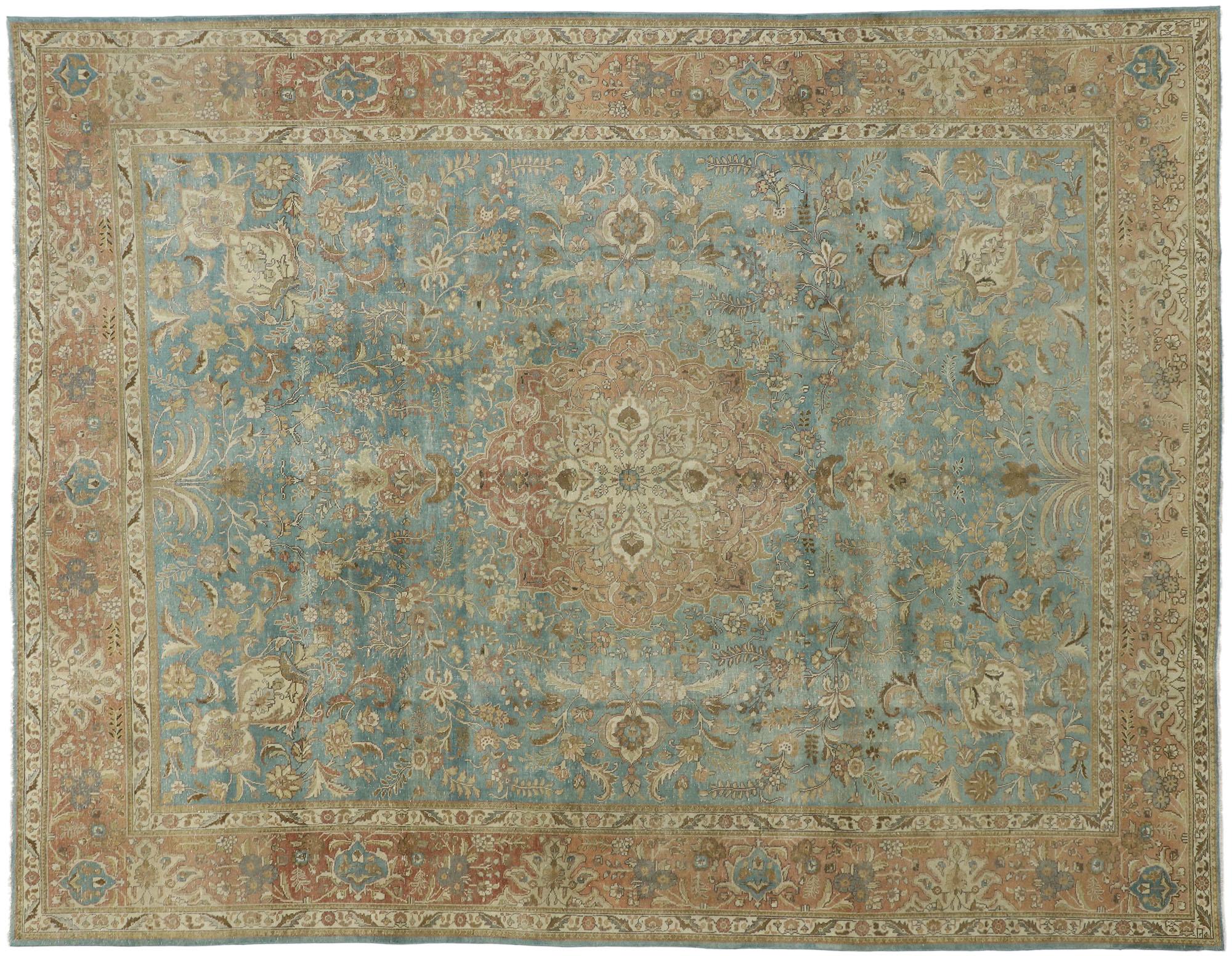 Distressed Vintage Tabriz Rug with Gustavian Style For Sale 1